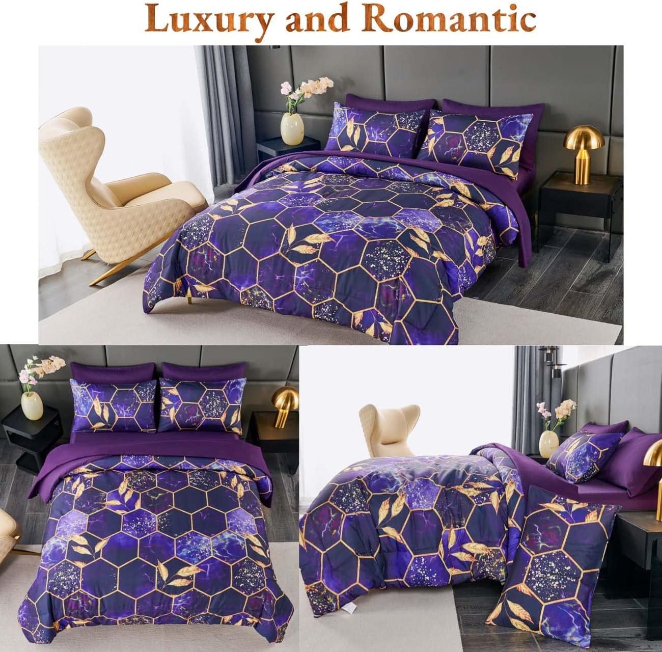 ANGIYUIN 7Pcs Mable Bed in A Bag Purple Gold Queen Comforter Set, 3D Geometric Honeycomb Theme Decor Yellow Leaf Bedding Set, Modern Foil Print Bed Sets with Comforter and Sheets (Purple Queen) - Image 4