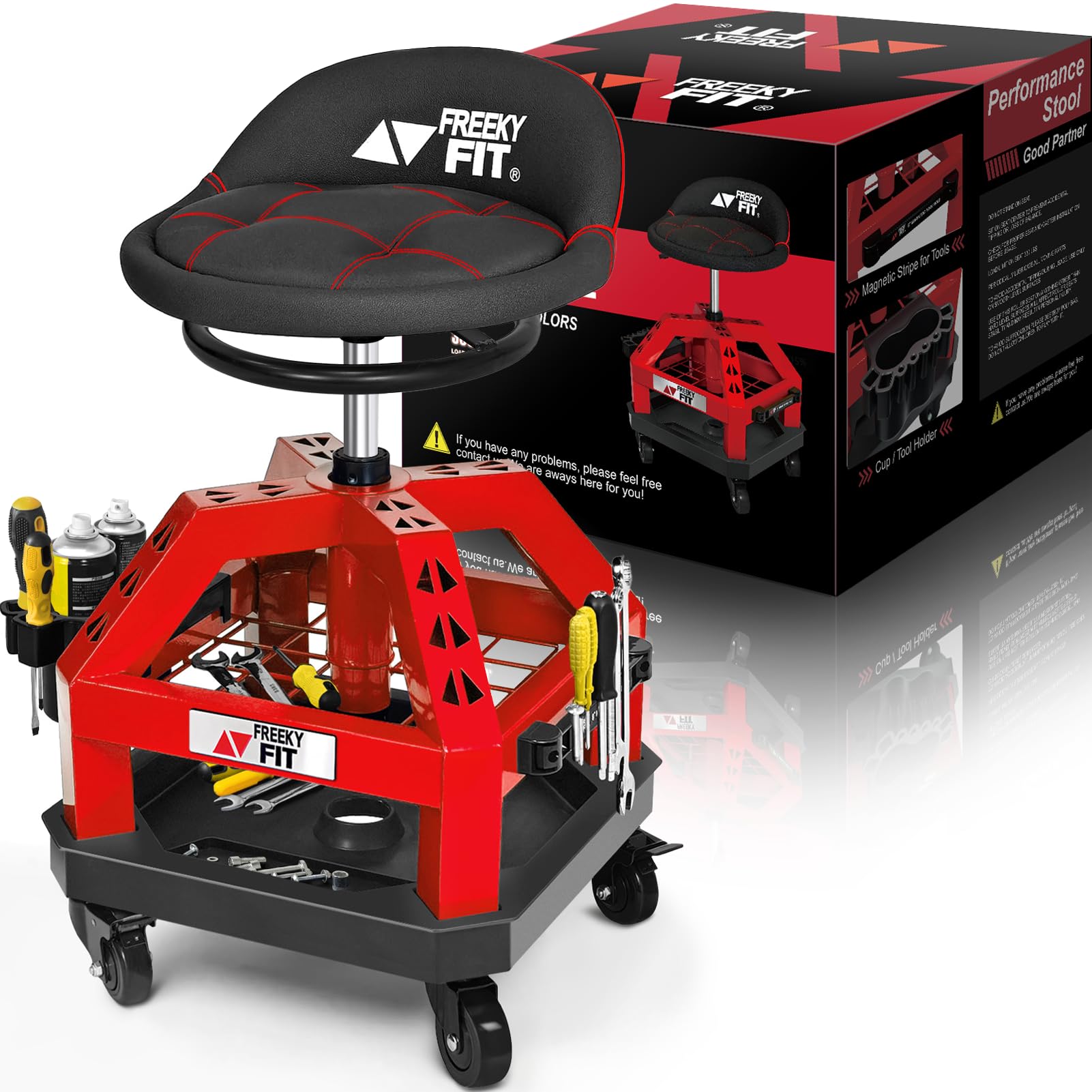 rolling shop stool for garage with casters, do02-adjustable height 360° swivel shop seat with tool tray storage, 330 lbs capacity padded mechanic stool, magnetic tool hold, heavy duty, red