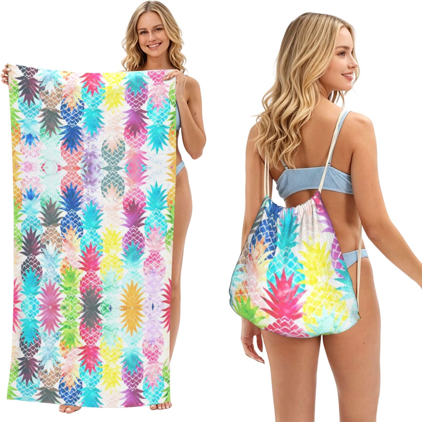 ESNAIUVCD Pineapple Painting Print Beach Towel For Adults,Towel With Drawstring Bag, Travel Pool Swimming Sports Shower Sand Free Quick Dry Bath Towel For Pool, Beach, Yoga- 180x60cm