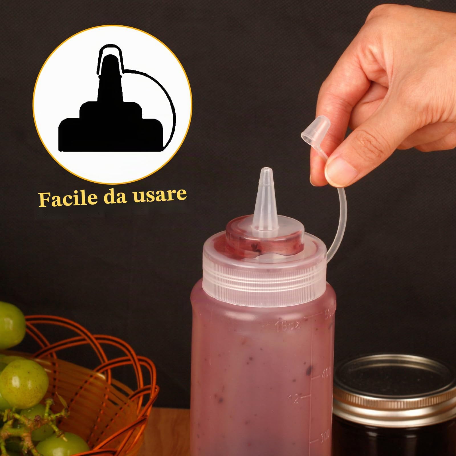 Squeeze - Bottiglia di salsa, 6 pezzi, 500 ml, in plastica, 16 oz con cappucci, senza BPA, senza perdite, per pittura, cottura, ketchup, salsa piccante, olio d'oliva, bottiglia per spezie