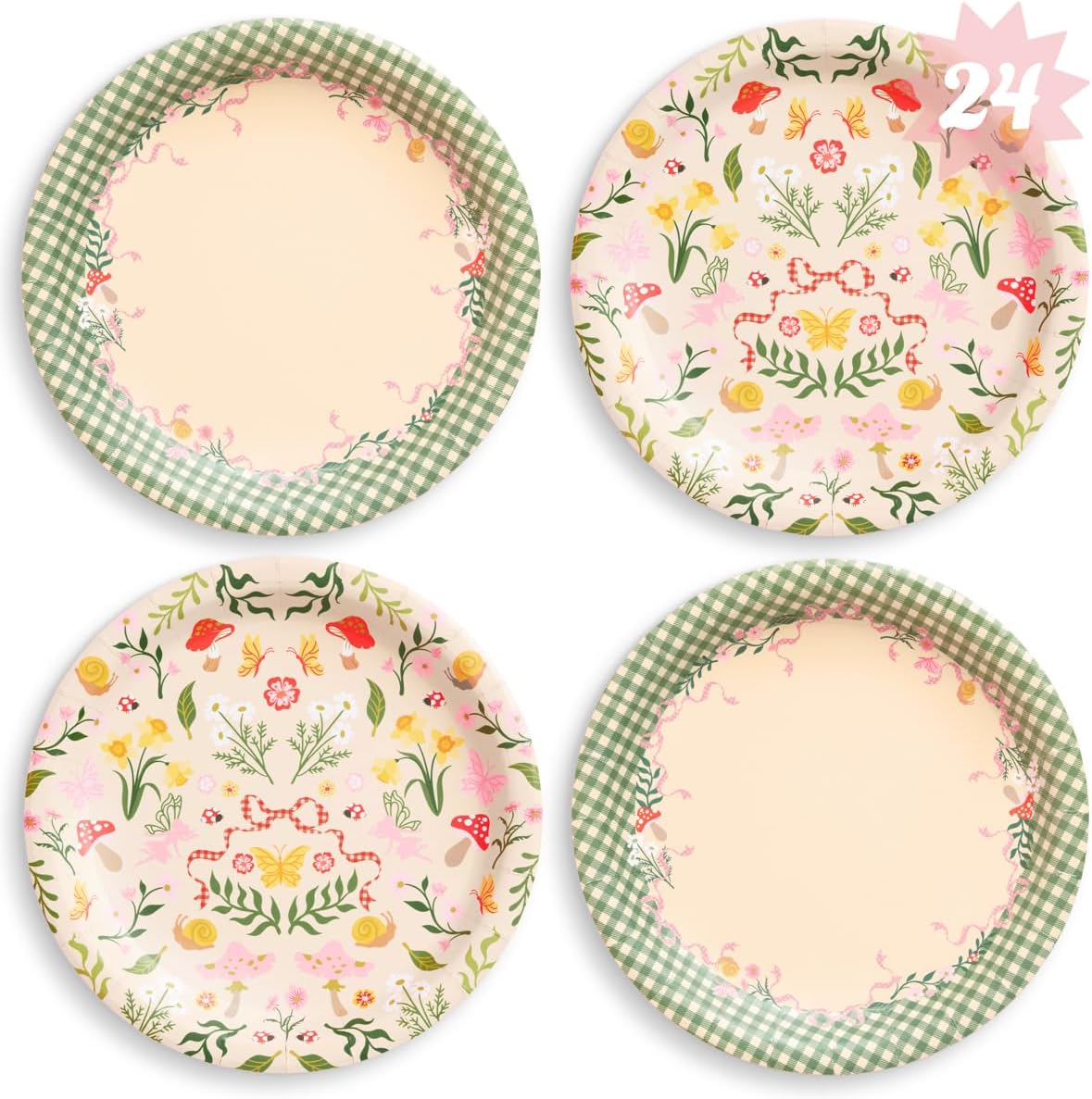xo, Fetti Garden Fairy Plates - 24pk, 9" | Woodland Party Decorations, Tea Party, Kids Birthday, Butterfly, Sage Gingham, Pink Floral, Farmers Market
