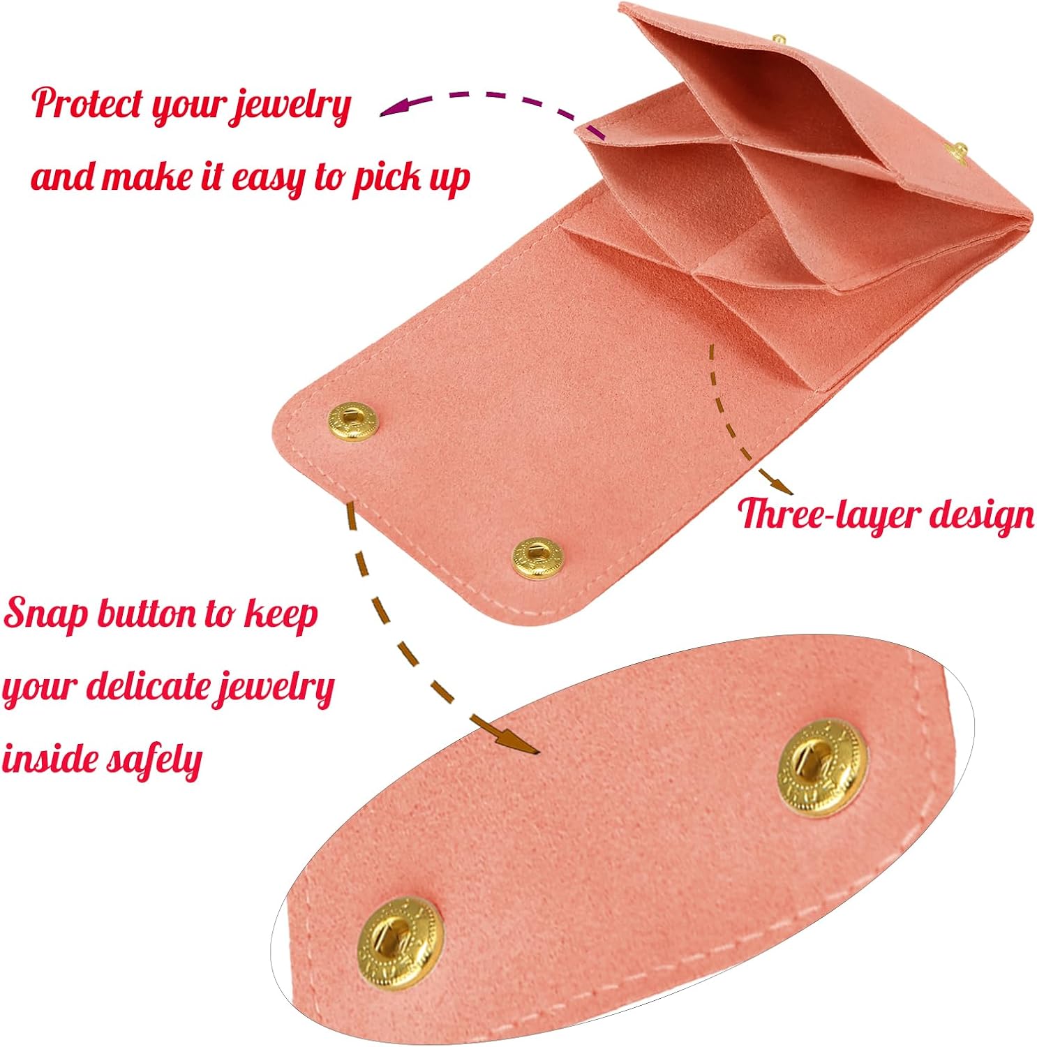 3Pcs Microfiber Jewerly Rolls Small Jewelry Bags for Jewelry Gift Bags Jewelry Organizer Pouch with Double Snap Button for Jewelry Travel Jewelry Pouch, 3"x3" Pink