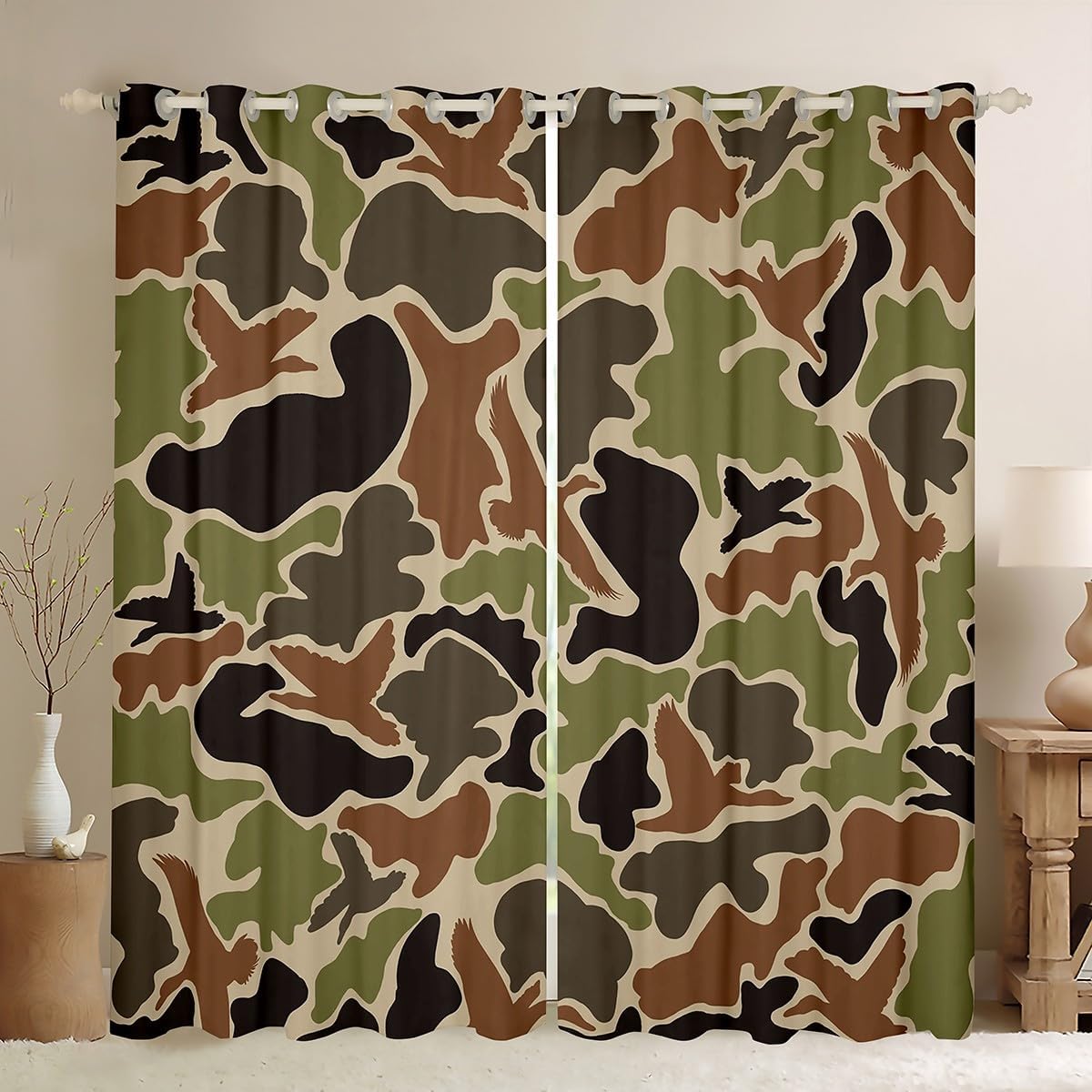 Feelyou Duck Hunter Green Camouflage Hunting Curtains for Bedroom Living Room (2 Panels, 42 x 90 Inch) Black Brown Blackout Curtains Camo Army 30%-50% Darkening Blackout Curtain Wild Window Treatments