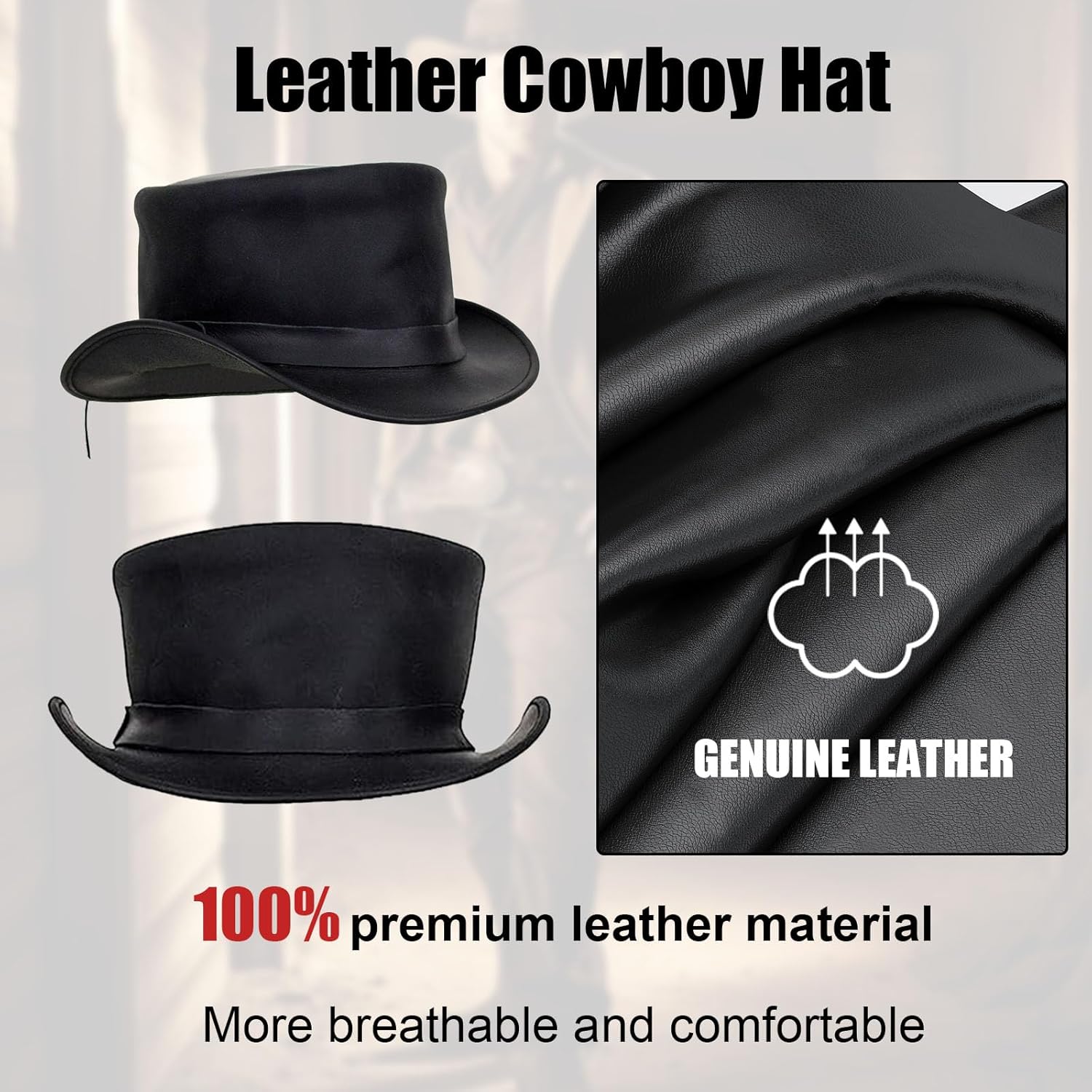 Genuine Leather Top Hat Fashion Gentleman Hat Black Deadman Top Hat for Men Women - Image 2