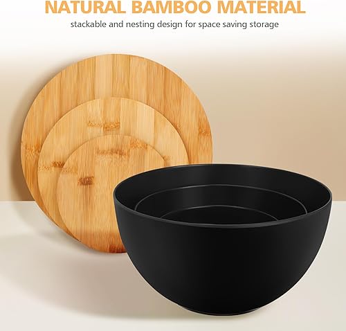 Miniatura 3 de ShineMe Juego de 3 cuencos de ensalada de fibra de bambú natural con tapas, tazón para preparar y servir ensalada, cereales, frutas, verduras,