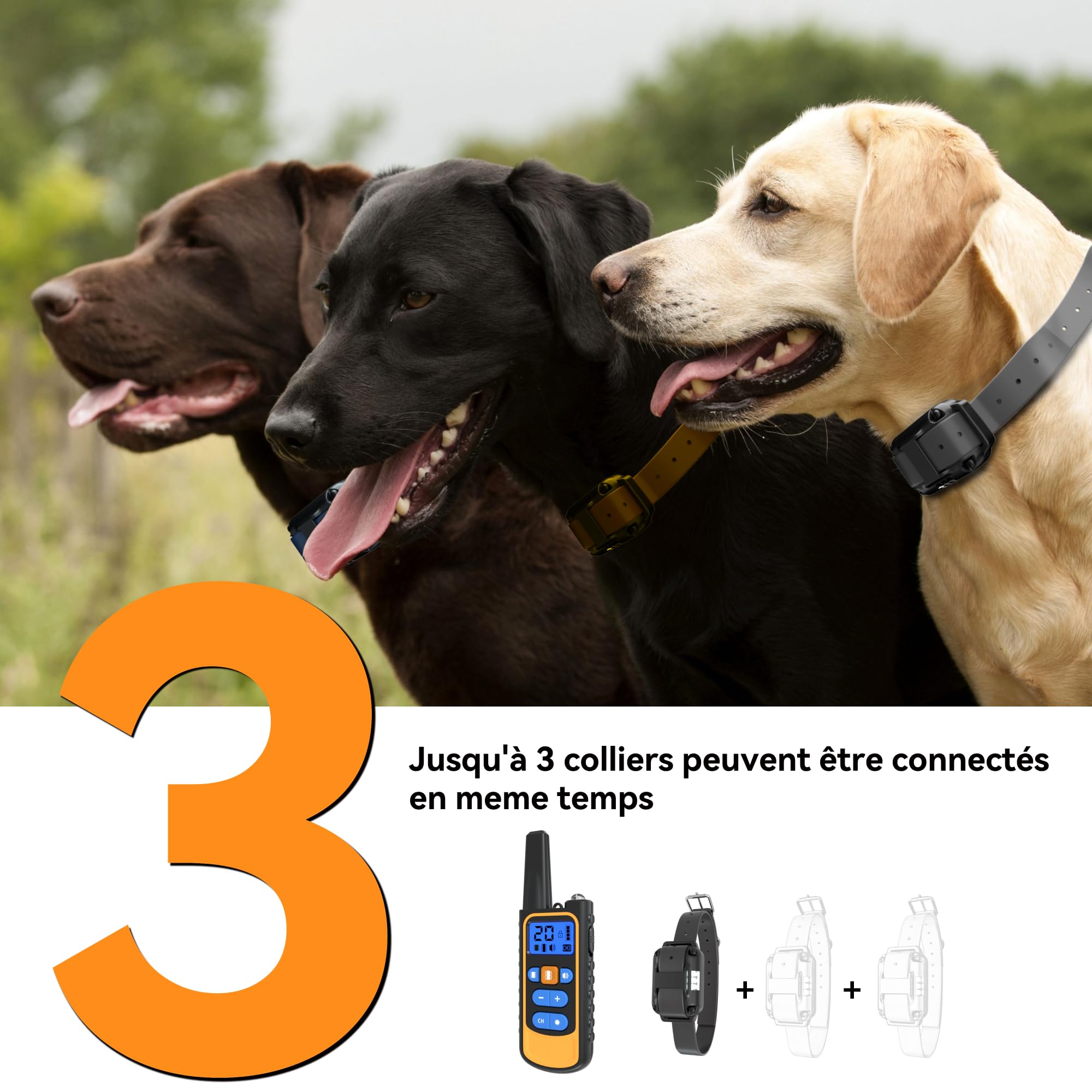 Meloive Collier de Dressage pour Chien,Portée de 3000m,Collier Rechargeable avec Mode Son,Vibration,Forte Vibration et Lumière LED,IPX67 Résistant à l'eau,Adapté Aux Chiens de Petites et Gros Tailles
