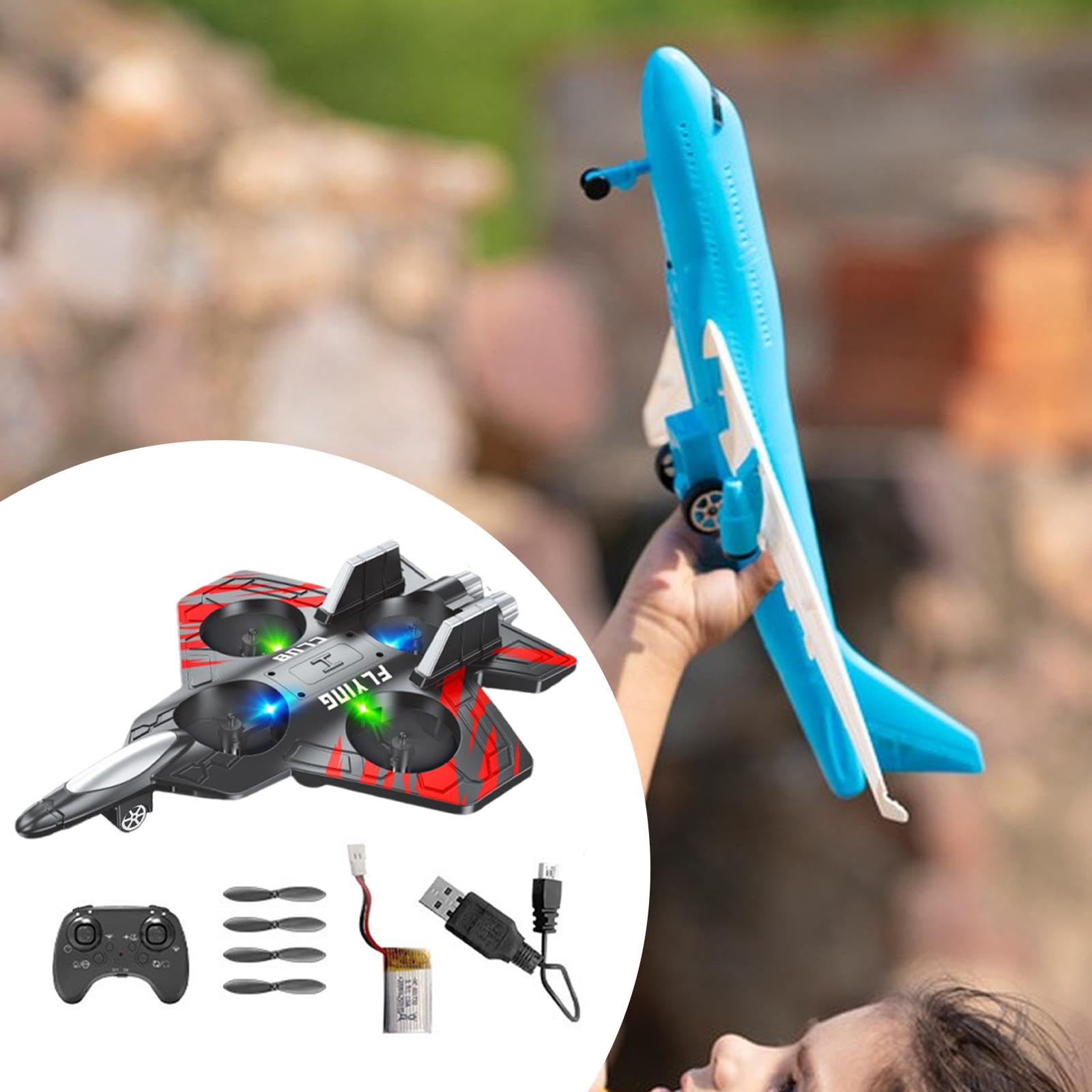 Qianly Avión Teledirigido Fija de Espuma EVA Planeador de Juguete con Control Remoto y Luces LED Incorporadas Modelo de Cuatro Canales Adecuado para