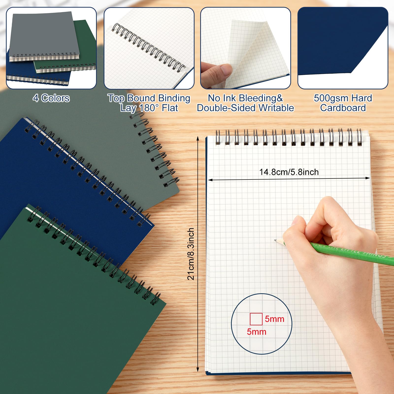Engrowtic 6 Pack Cuaderno de Espiral con Papel Cuadriculado A5 Cuaderno con Espiral, Cuaderno de Cuadrícula, Cuaderno de Estenografía, Papel Cuadriculado para Memo, 140 Páginas para Escribir, Dibujar