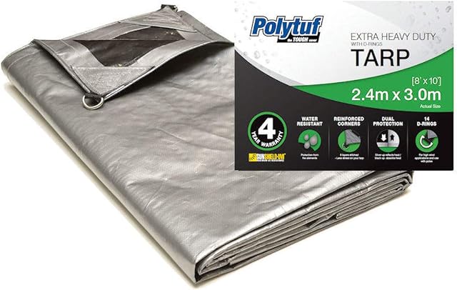 Polytuf Extra Heavy Duty Silver/Black Tarpaulin 2.4 M x 3.0 M (8 ft x 10 ft) 205 gsm with Re-Enforced Corders and Additional Strength "D" Ring Eyelets, 4 Year Warranty