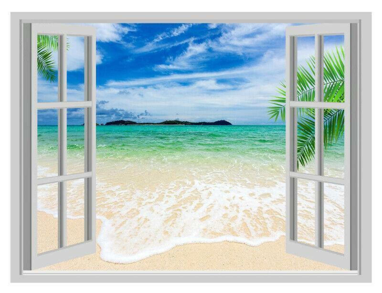 Vinilos Decorativos 3D Rotos Etiqueta Engomada De La Pared De Las Olas Del Mar Calcomanía De La Vista De La Ventana 3D Mural De La Oficina De La Playa Del Vinilo De La Palmera 70x110cm
