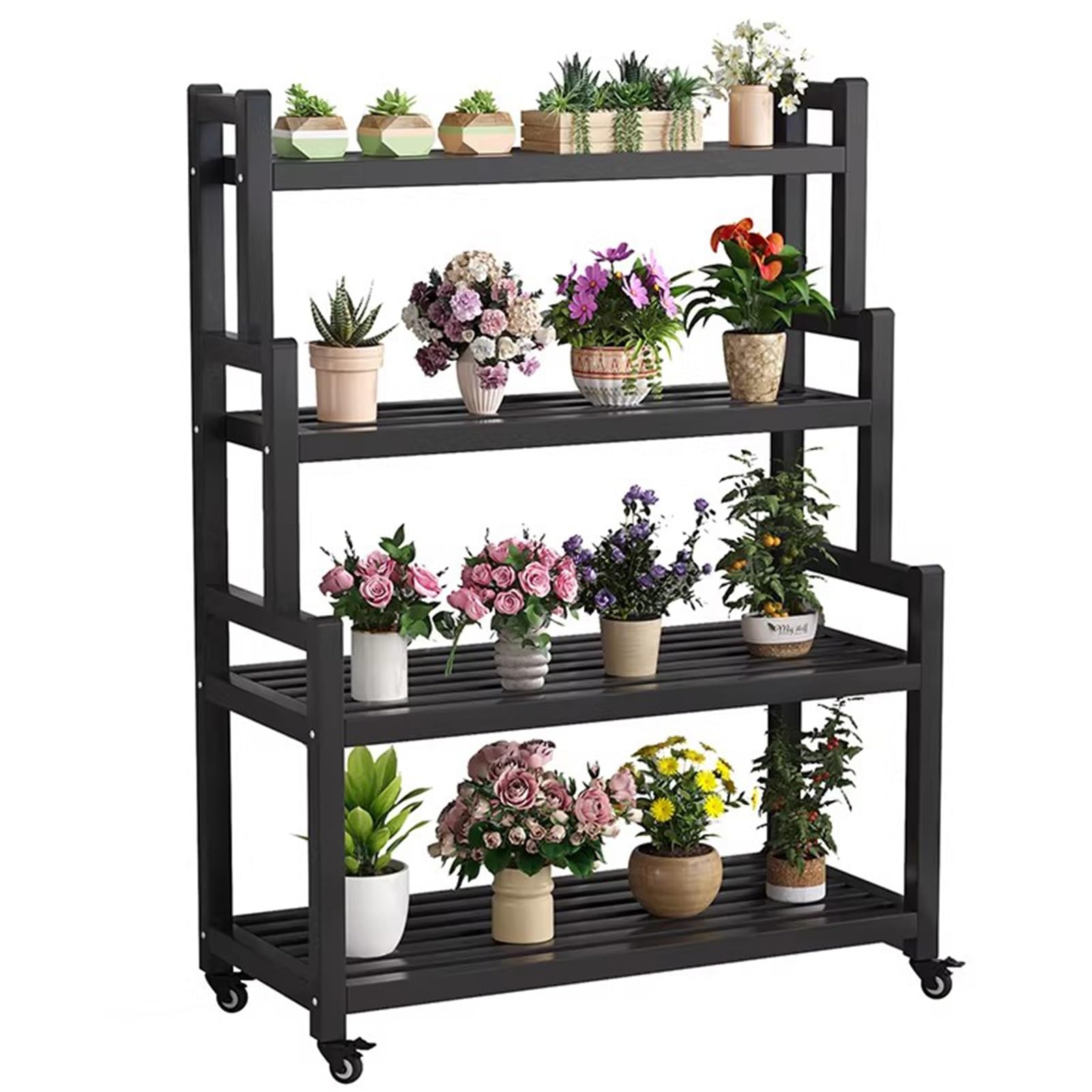 DMCHENGMA 4-Tier Plant Stand with Wheels & Brakes, Black Wrought Iron Indoor/Outdoor Utility Rack Ladder Shape Flower Shelf(120x40x145cm)
