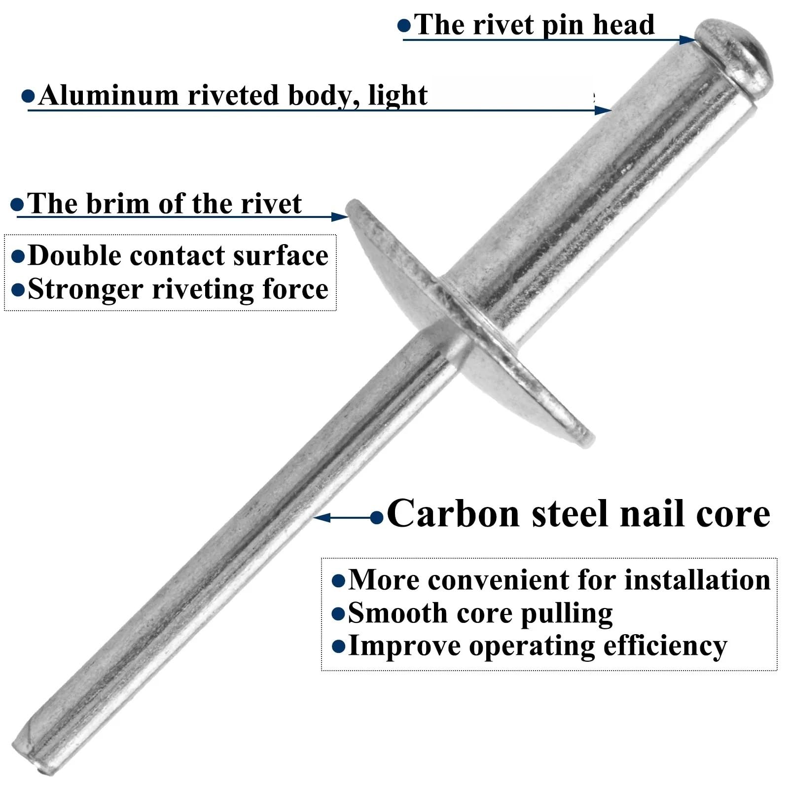 Kit surtido de 300 remaches ciegos de aluminio de brida grande, 16 mm de diámetro | Remaches de aluminio resistentes para un cierre seguro. Ideal para proyectos de metal, plástico y madera. 4,8 x 20 mm