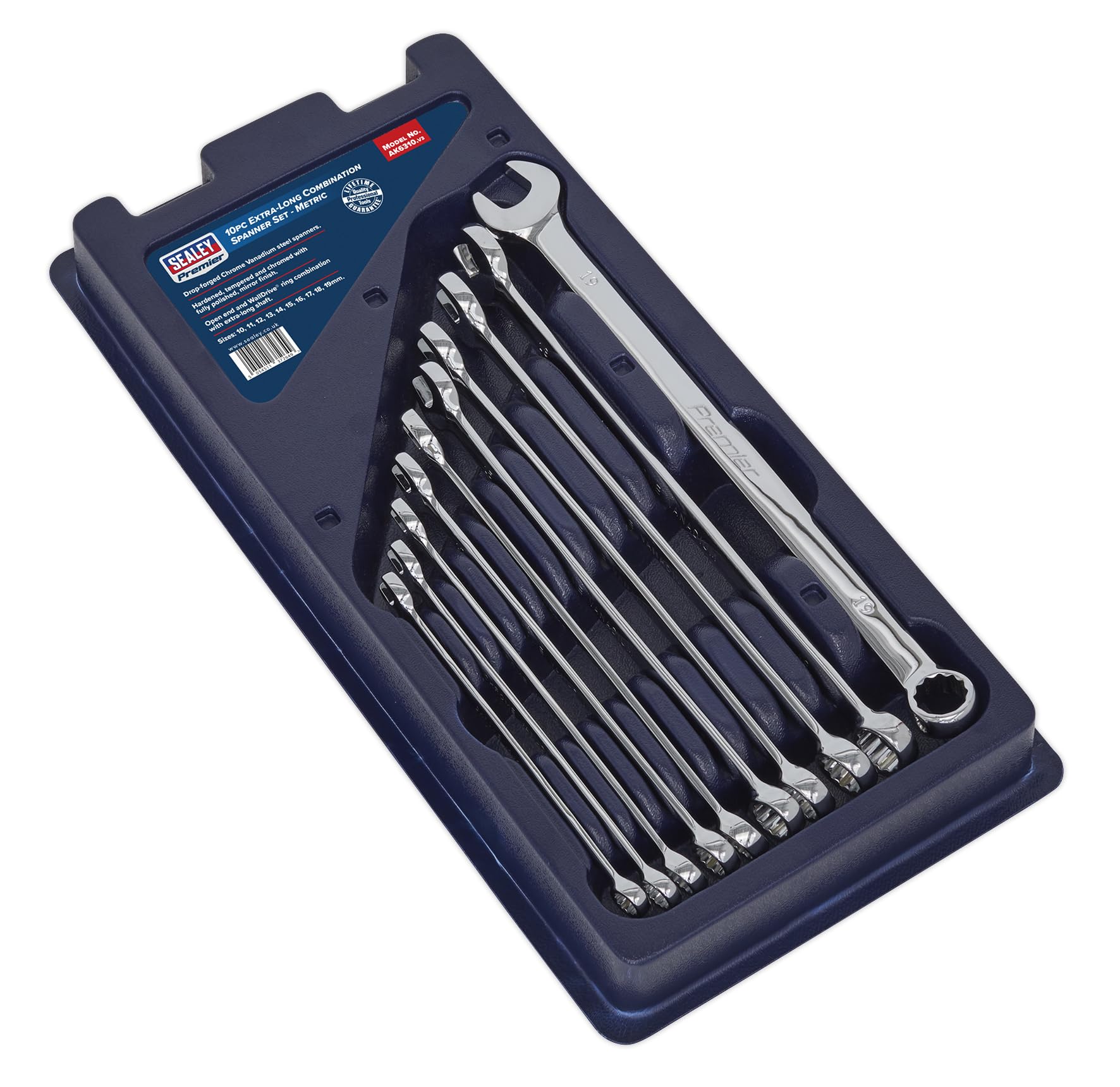 Sealey Ak6310 Combination Spanner Set 10Pc Extra-Long Metric, White - Image 2