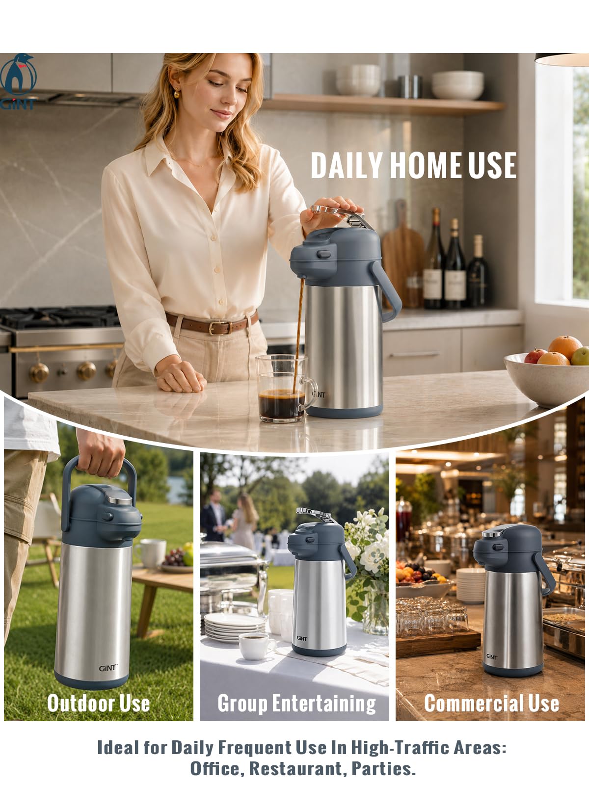 GiNT Dispensador de café Airpot de 100 onzas con bomba, jarra de café aislada para líquidos calientes, dispensador de bomba de acero inoxidable aislado al vacío para bebidas calientes/frías (3 L)