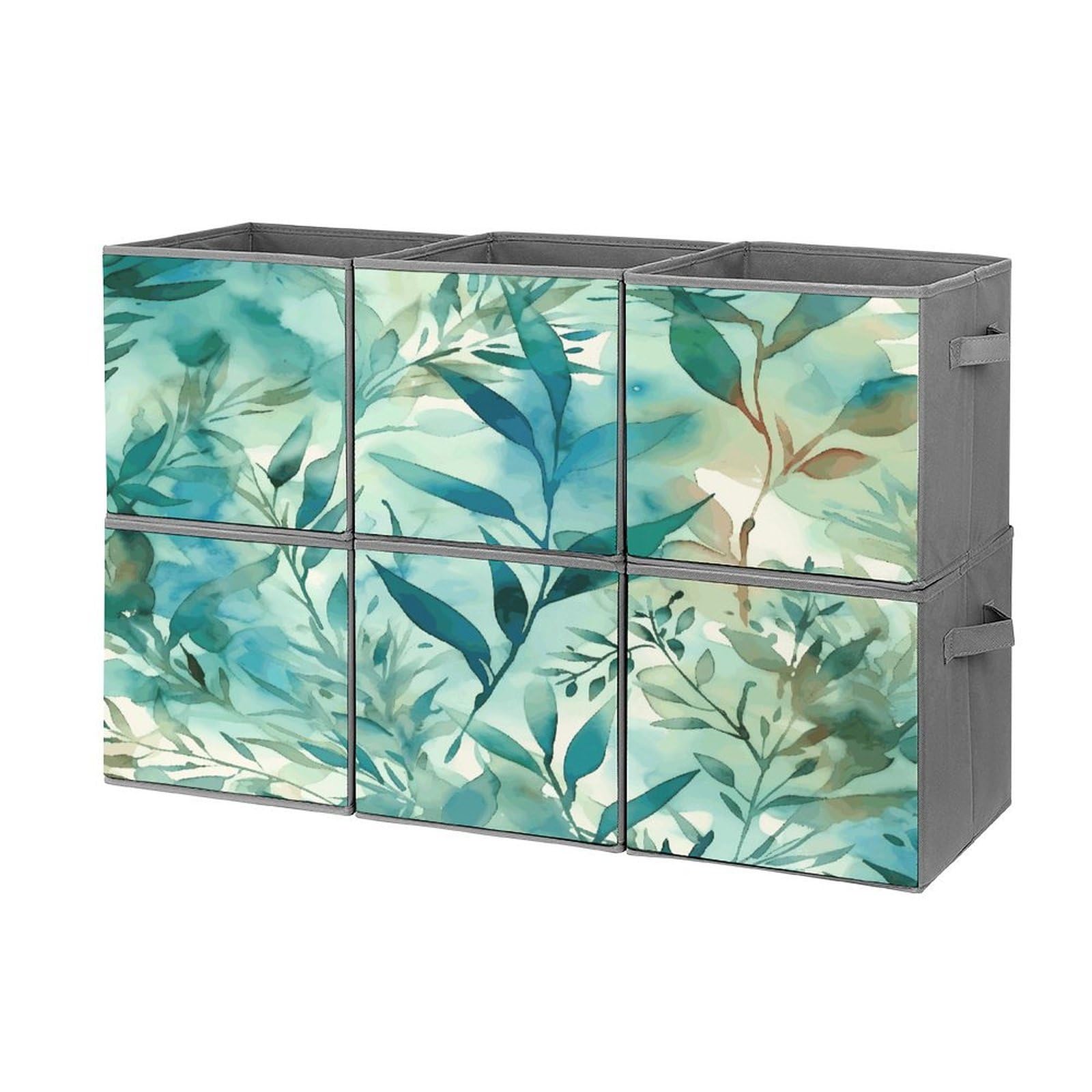 Btcowzrv Style Hand Drawn Leaves Storage Cubes, 6 Pack Oxford Fabric Foldable Collapsible Bins With Handles, Cubby Storage Baskets Boxes For Closet Shelves Office Organization