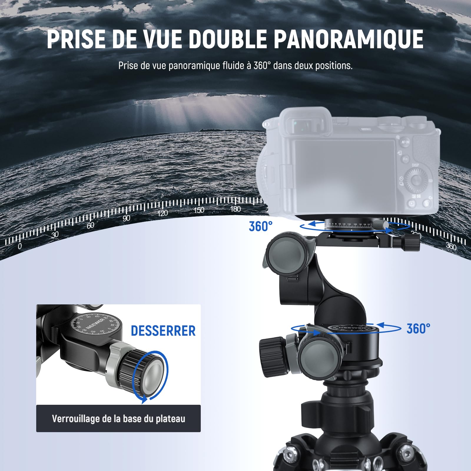 NEEWER Tête de Trépied à 3 Engrenage, 360° Plaque panoramique Arca QR,TH15 | Réglage Micro Millimétrique, Alliage d'Aluminium, Rotule 3 Axes, Double Mode Rapide Grossier/Fin, Charge Max.13.2lb/6kg
