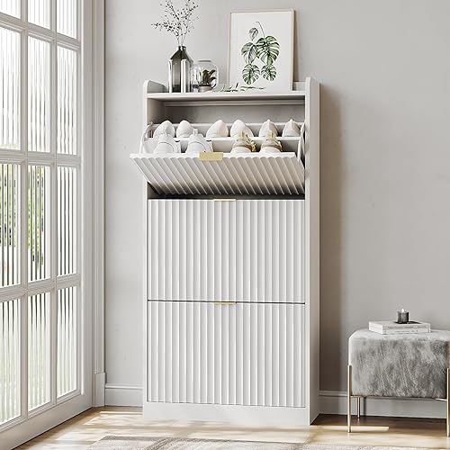 Gabinete de zapatos estriado con 3 cajones abatibles, armario estrecho de almacenamiento de zapatos para entrada, armarios organizadores