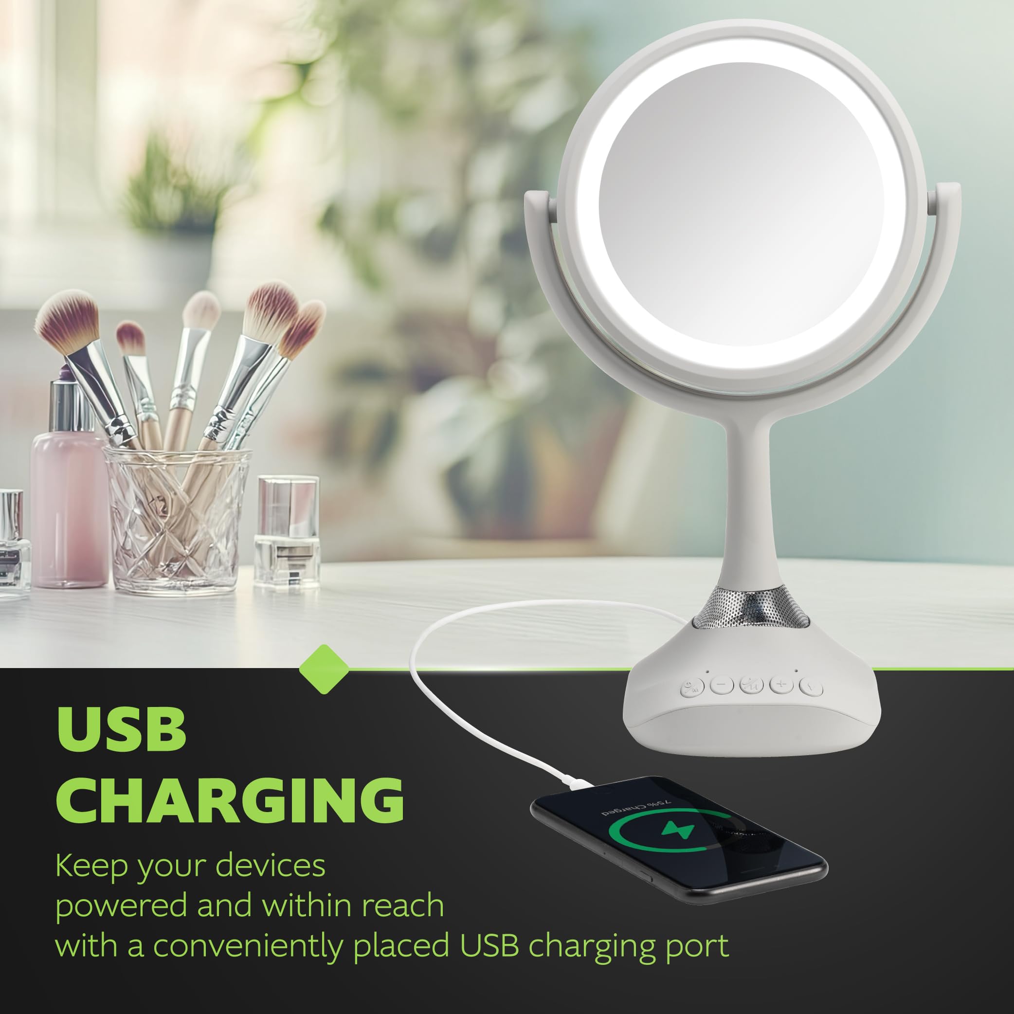 Homewerks 76-101-BT 19,1 cm persönlicher Make-up-Spiegel mit Bluetooth-Lautsprechern und LED-Beleuchtung, Handheld-Bluetooth-Kosmetikspiegel mit Lichtern für Badezimmer, Schlafzimmer oder Reisen