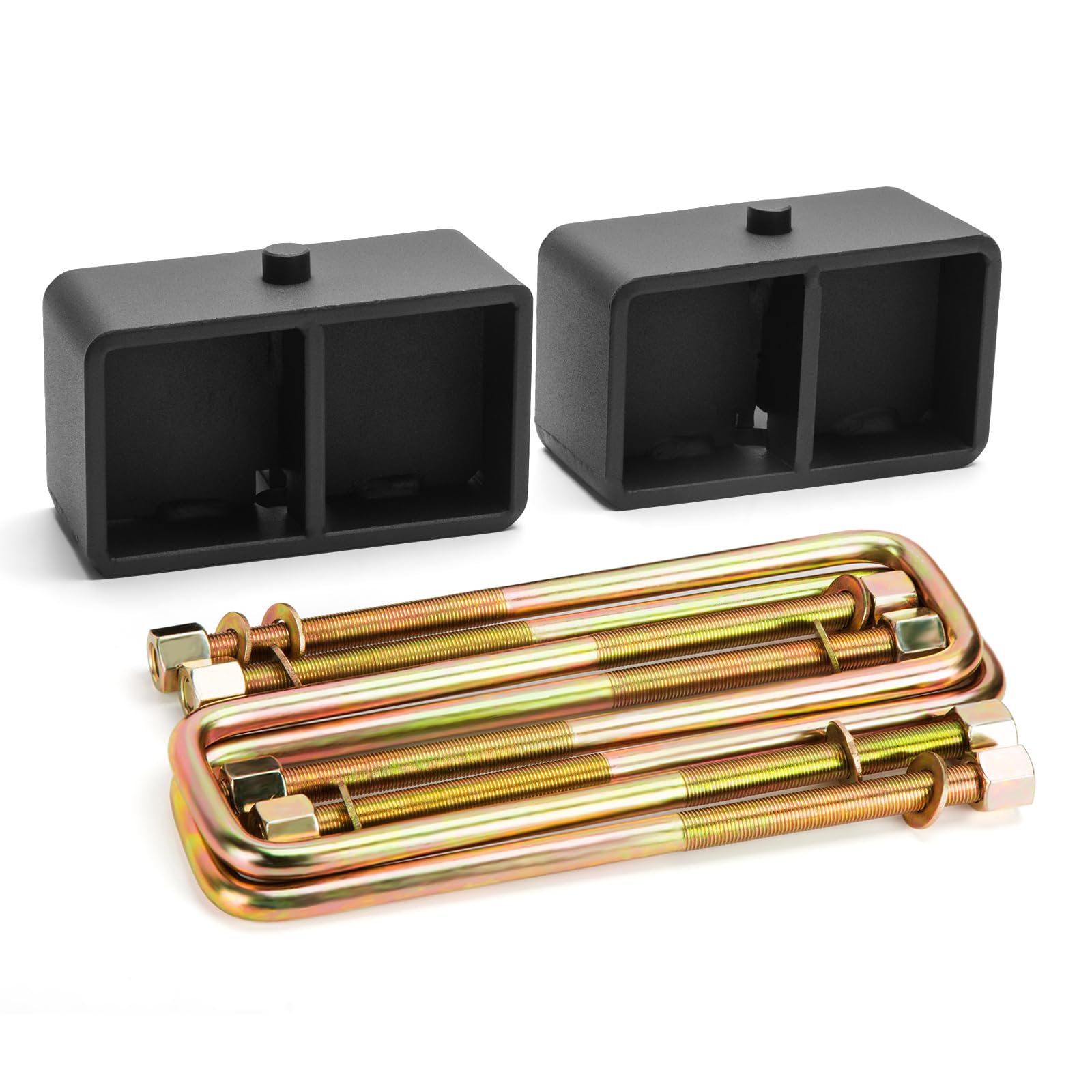 Dynofit 3'' Rear Leveling Lift End Block Kit and Extra Long Square Leaf Spring Axle U Bolts for Silverado Sierra 2WD 2X2 4WD 4X4 2007-2019, Lift Block Kits Fit for Silverado Sierra 1500 07-21