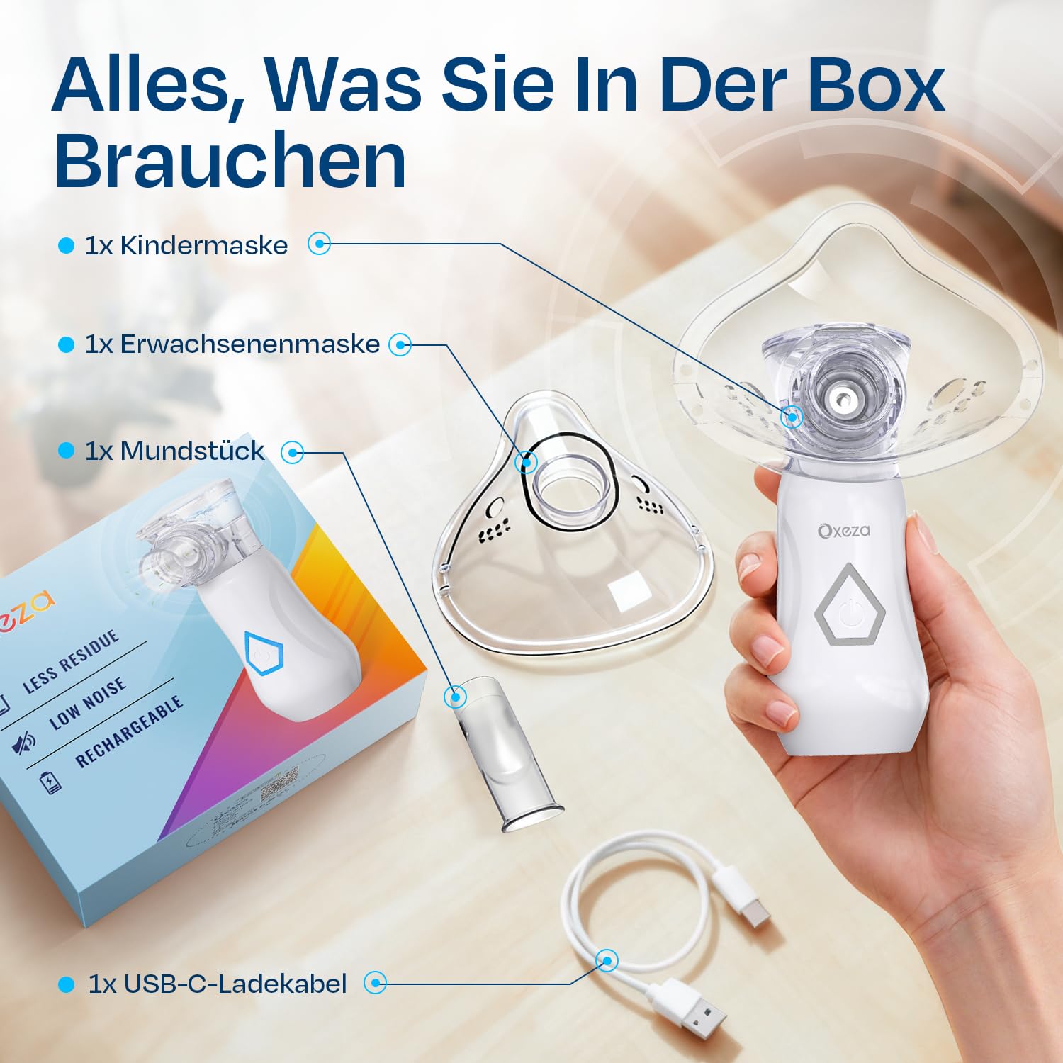 Tragbarer Inhalationsgerät, Leiser Inhaliergeräte für Erwachsene, über USB-C Aufladbarer Inhalator für alle Altersgruppen, einstellbarer Sprühnebel, mit Selbstreinigungsfunktion