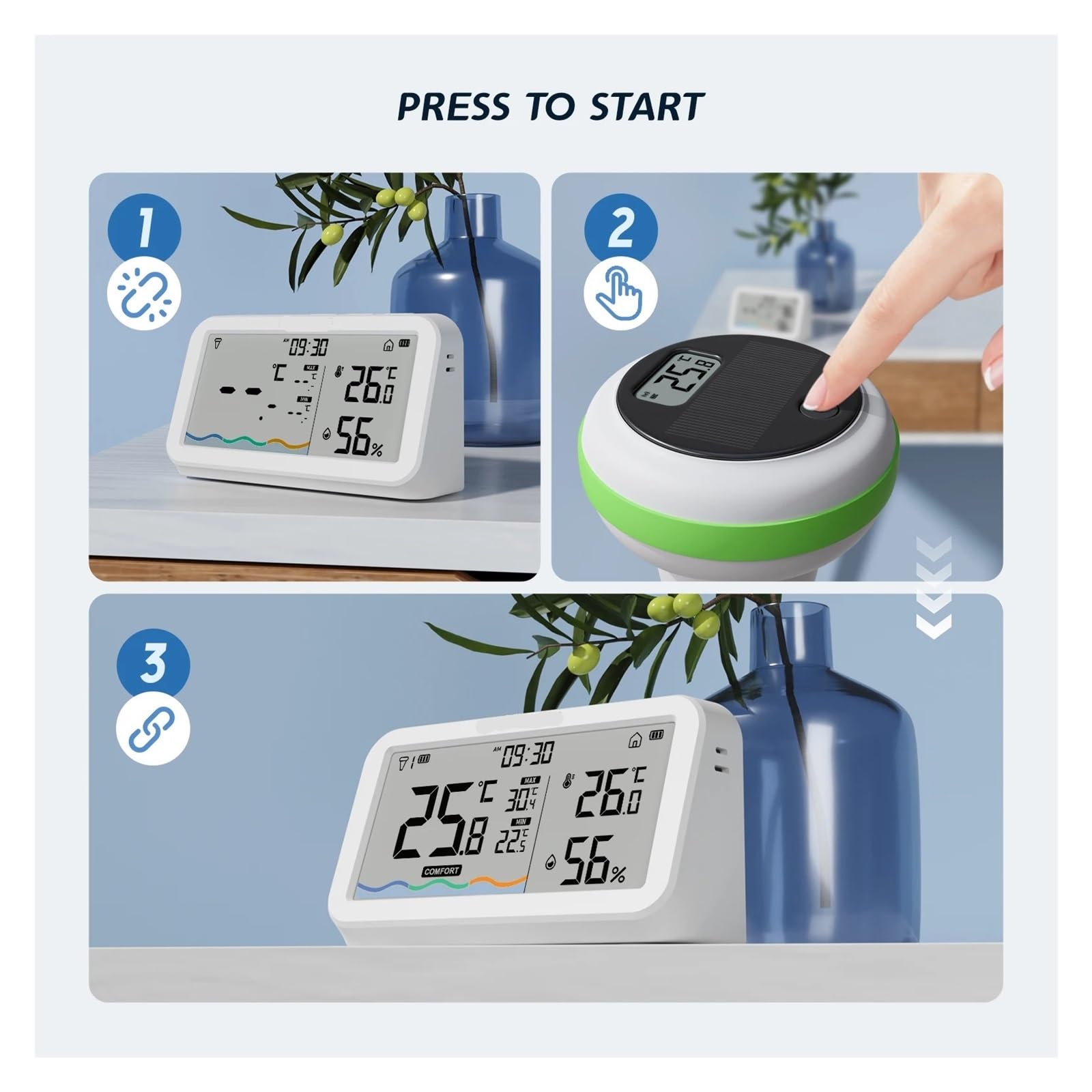Termometro Solare Wireless for Piscina, Distanza di Trasmissione Ultra Lunga 300 m, con Monitor di Temperatura e umidità Interna