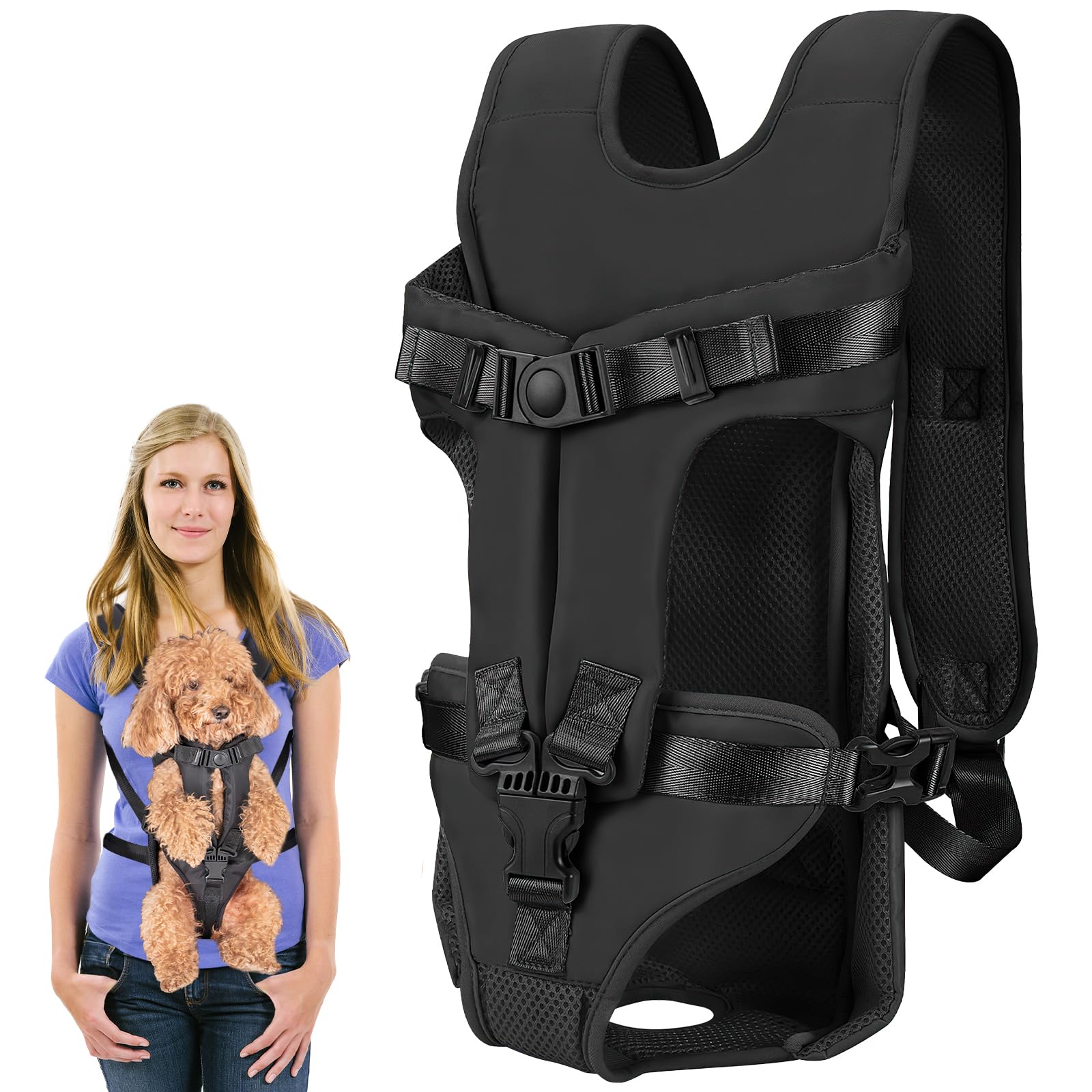 Pet Carrier Backpack, Adjustable Front Dog Carrier, Legs Out Dog Chest Carrier, Waterproof Dog Back Pack for Small Medium Dogs Cats Puppies and Rabbits Hiking Camping (Black, Medium)