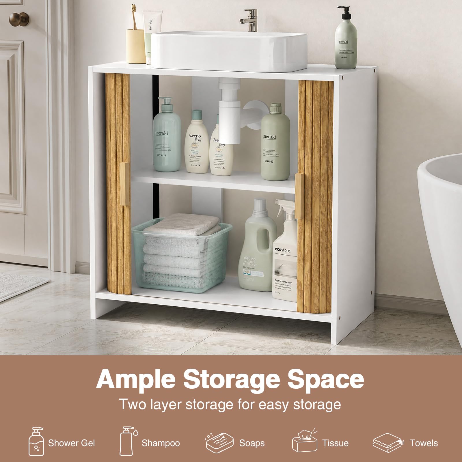 Mobile sottolavabo in legno con porta arrotolabile, per il bagno