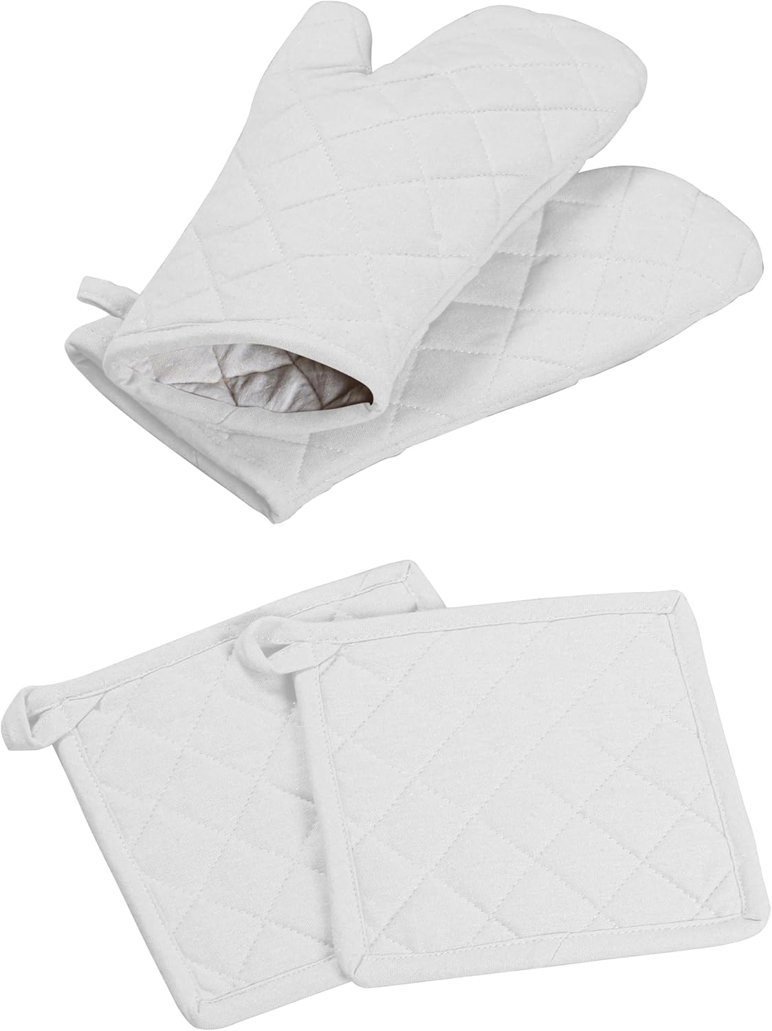Oven Mitt (7"x13") & Pot Holder (8"x8") 100% Cotton Set of Heat Resistant Oven Gloves & Hot Pads for Gifts, BBQ, Cooking, Baking, Thanksgiving - White