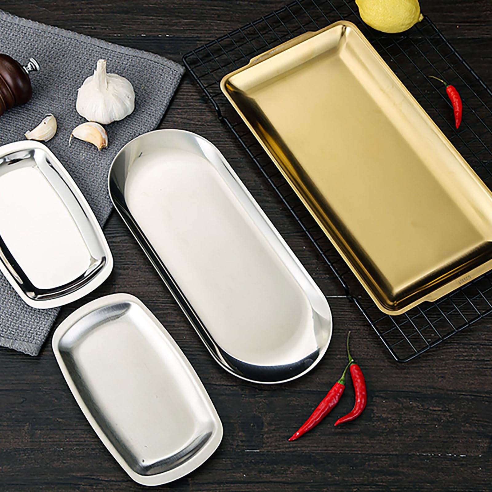 Bandeja de barbacoa de acero inoxidable 304 con base plana rectangular para servir vajilla de barbacoa para restaurantes