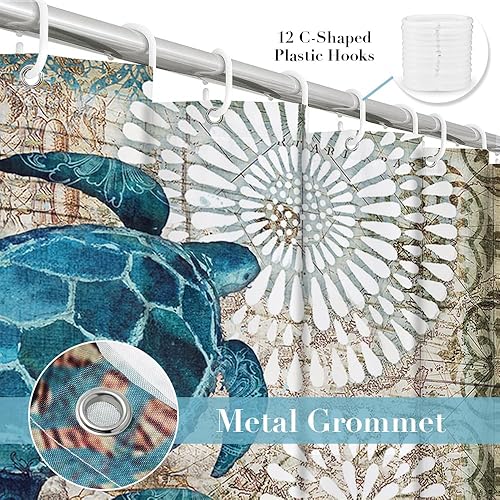 Miniatura 6 de Cortina de ducha con diseño de tortugas marinas verdes, playa y tema náutico, juego de cortina para baño impermeable y lavable con ganchos,