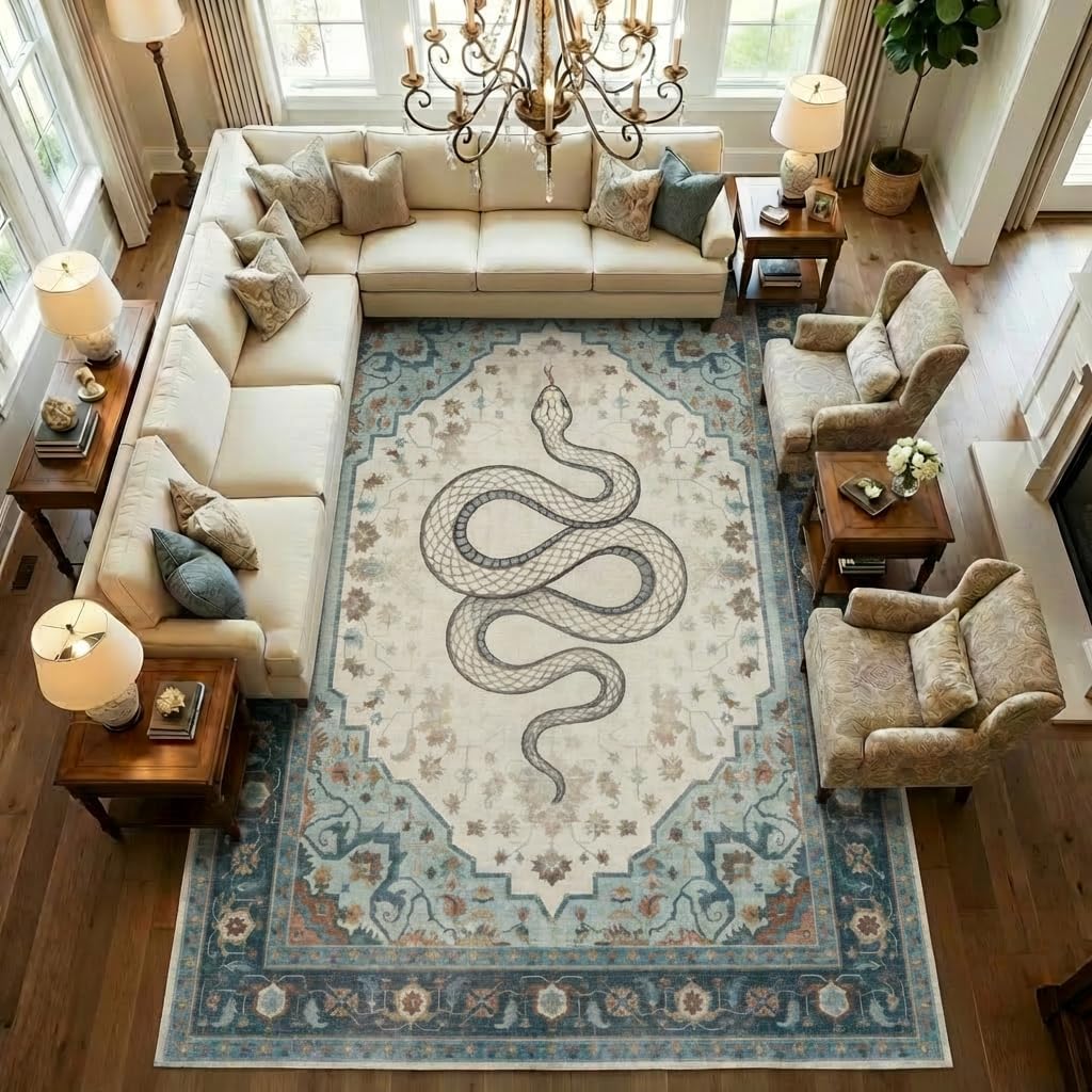 8x10 Area Rug Vintage Persian Snake Motif Rug with Non Slip Backing, Washable Low Pile Soft Off-White Teal Blue Carpet for Bedroom, Living Room, Home Office, Eclectic Decor