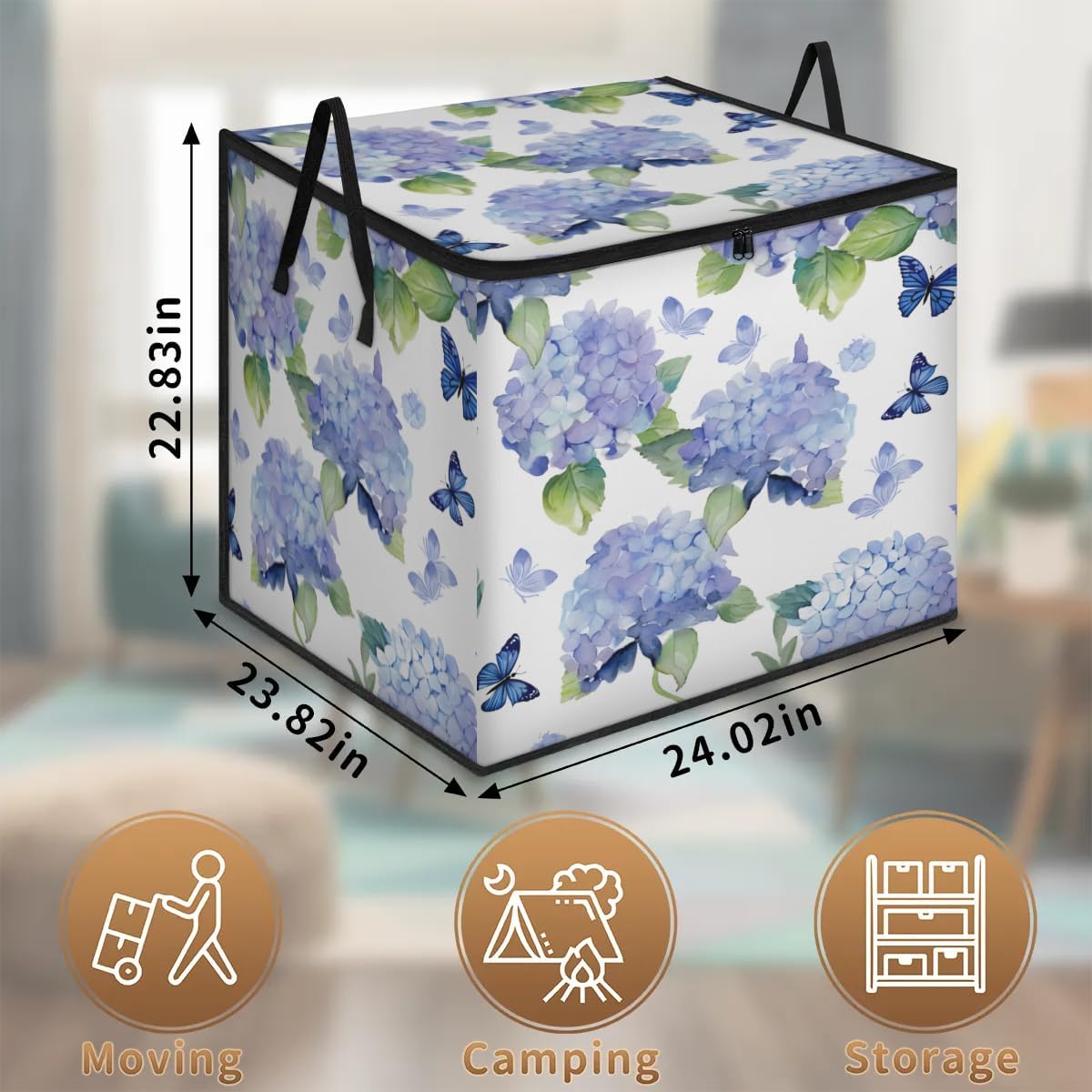 Honeybaby 214L Extra Large Comforter Storage Bag Hydrangea Flowers Butterfly Storage Totes with Lids Waterproof Closet Organizer Folding Blanket Storage Bags for Clothes Bedding Pillows