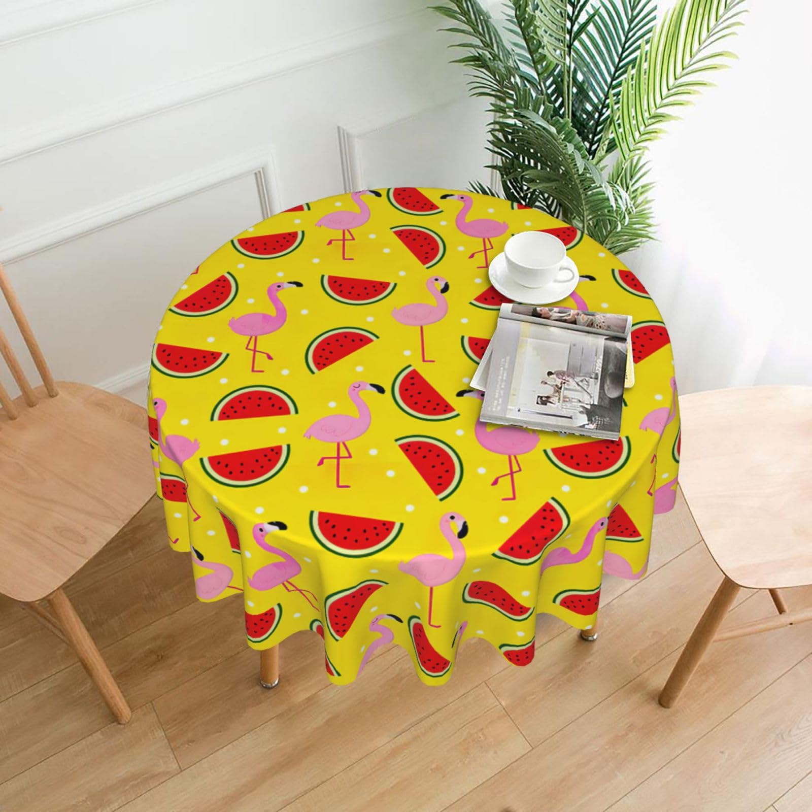 Zcmkjlg Pink flamingo and watermelon Print Quick Ship Round Tablecloth 60in Polyester Washable Cover for Dining Room