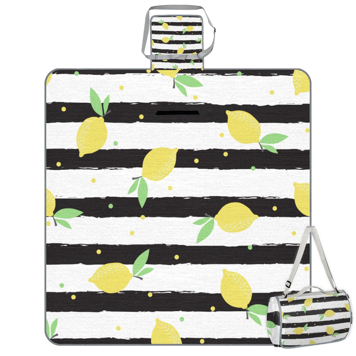 Shimoshe Picnic Blankets 57”x 59”, Striped Background Lemon Waterproof Sandproof Picnic Mat Lightweight Foldable Beach Blanket for Camping Park Grass Beach Outdoor Blanket