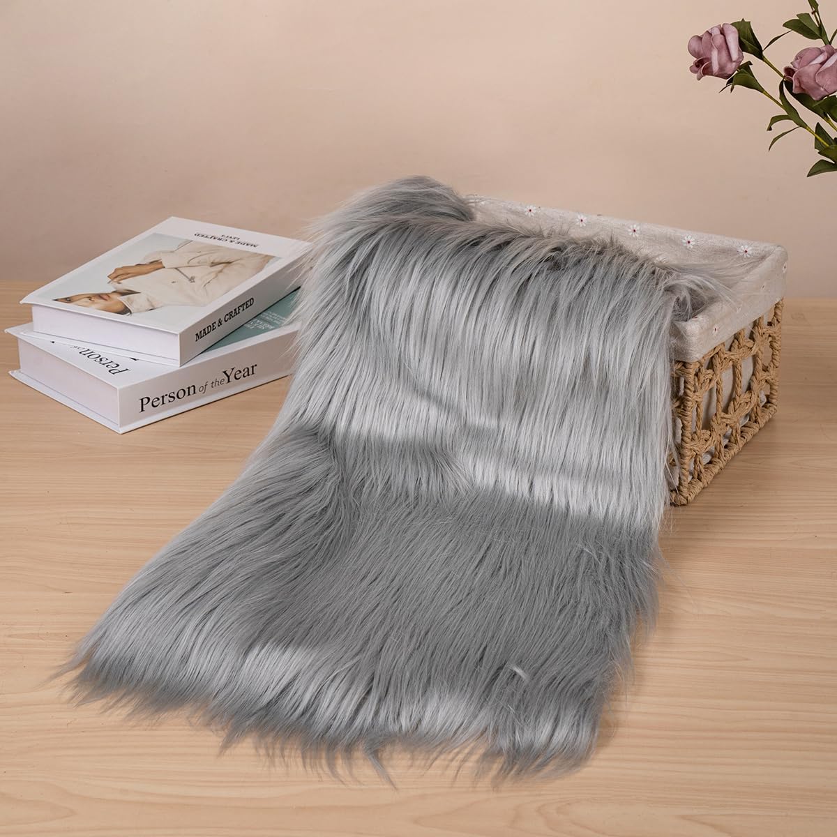 Gray Faux Fur Fabric by The Yard for Crafts 36" X 61" Inch Wide Furry Fabric for Sewing, Costumes, Upholstery & Pillows Long Pile Faux Fur(Gray,One Yard)