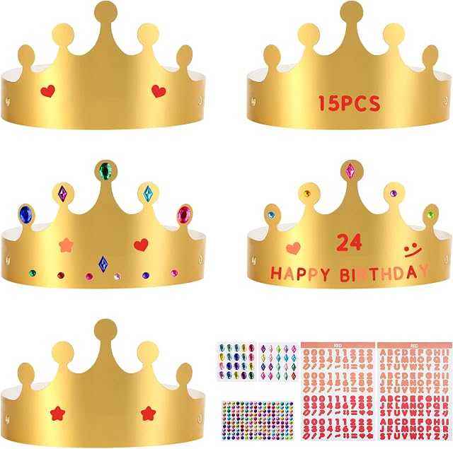 KEYIDO 15 Pieces Paper Crowns for Kids Gold Cardboard Crown to Decorate Crown Making Kit with Gem Jewels Number and Letter Stickers for Adult Children Birthday Party Homemade Craft Crown Hats
