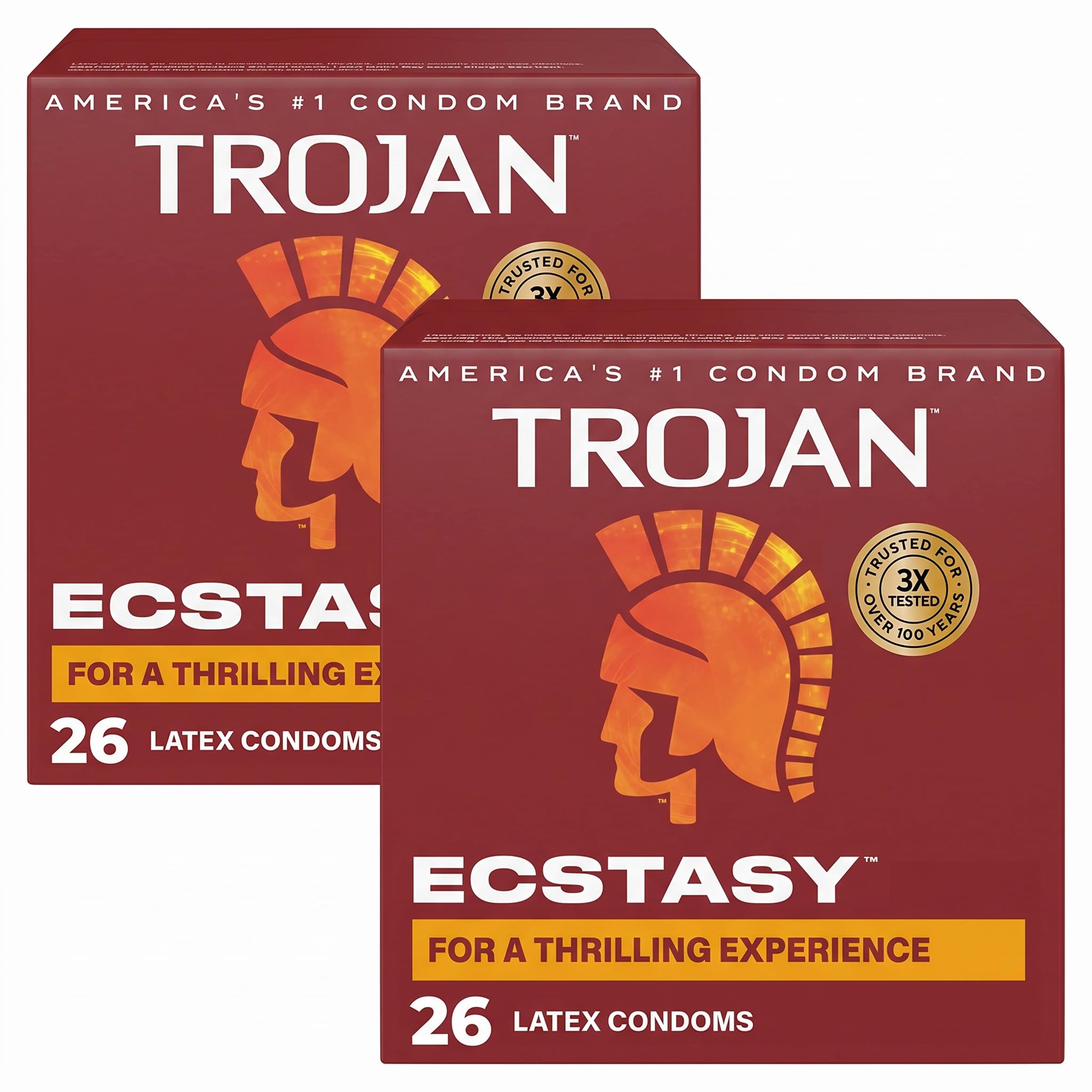 Trojan Ecstasy Lubricated Latex Condoms for Men,Premium Lubricant,Ribbed Texture,Bulbous Shape,Premium Latex to Help Reduce Risk of Pregnancy and Sexually Transmitted Infections,26 Count,(Pack of 2)