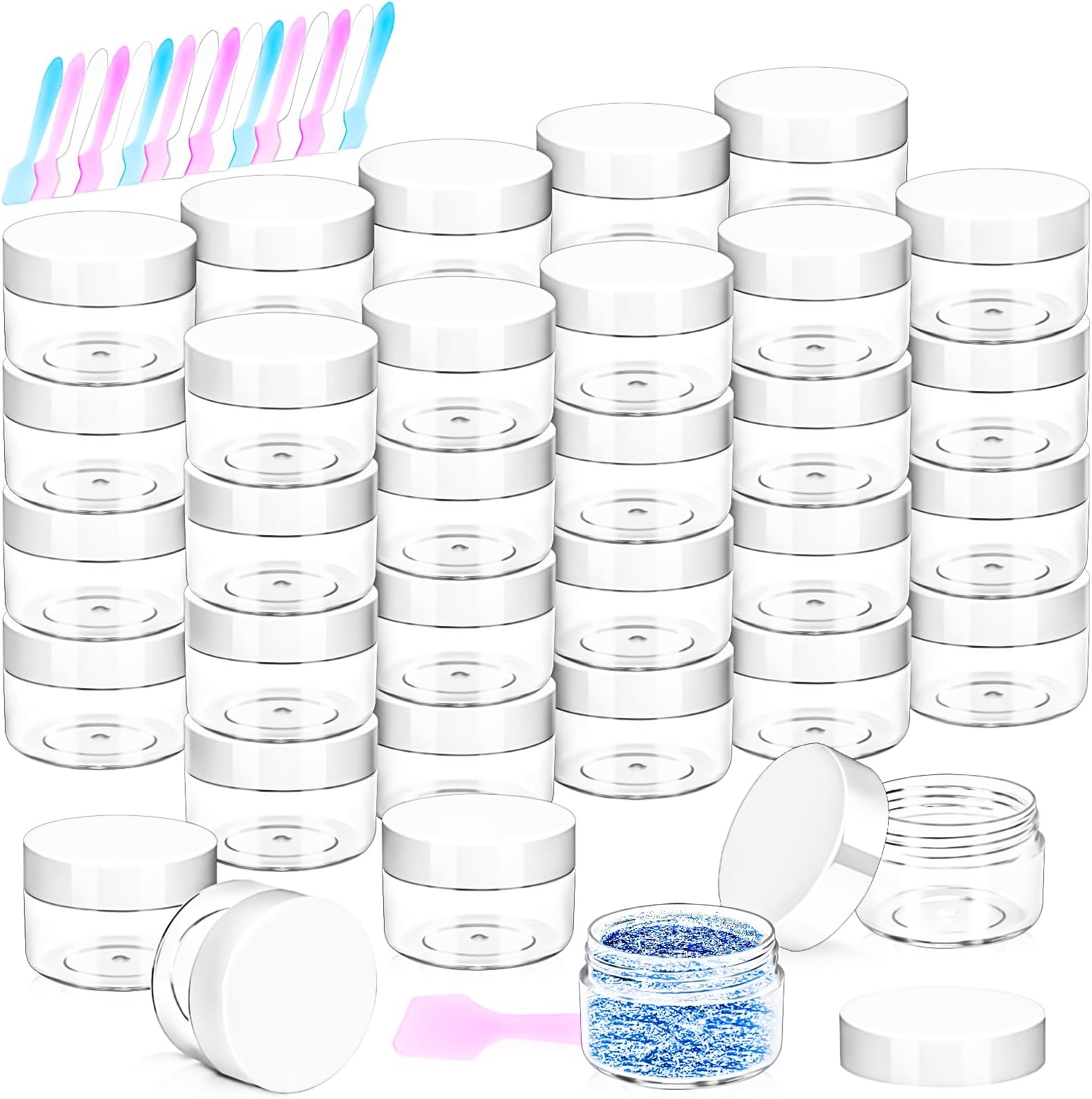 MotBach 40 Pack 15g Plastic Jars with Lids, 15ml Round Clear Cosmetic Containers Makeup Jars, Travel Size Container Jar with 10 Spatulas for Sample Lotion Cream Eyeshadow Ointment Salve Balm Powder