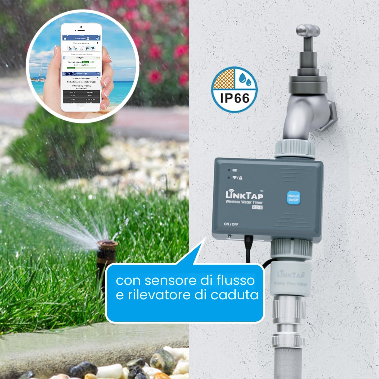 LinkTap G2S Timer Irrigazione (Richiede Gateway), Contalitri, IP66, Alexa | Programmatore Smart per Volume/Durata/Meteo, Giardino, Prato e Orto, Rilevamento Guasti, Rete Mesh, Superiore al Wi-Fi