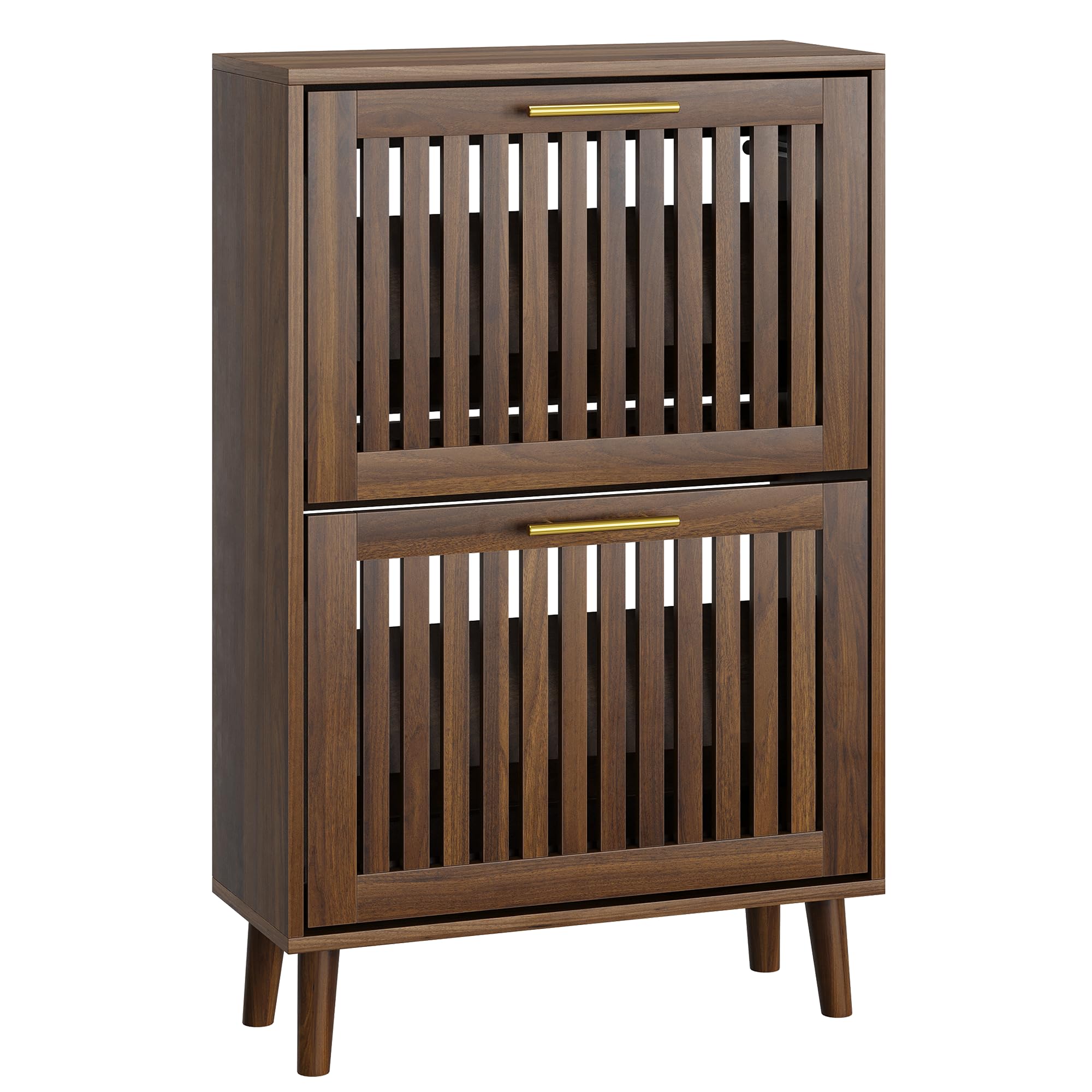 Smart FENDEE Schuhschrank Bauernhausstil, schmaler freistehender Schuh-Organizer mit 2 klappbaren Latten-Schubladen (Slatted), goldene Griffe, versteckter Eingangsbereich für Flur, Walnuss 60B cm