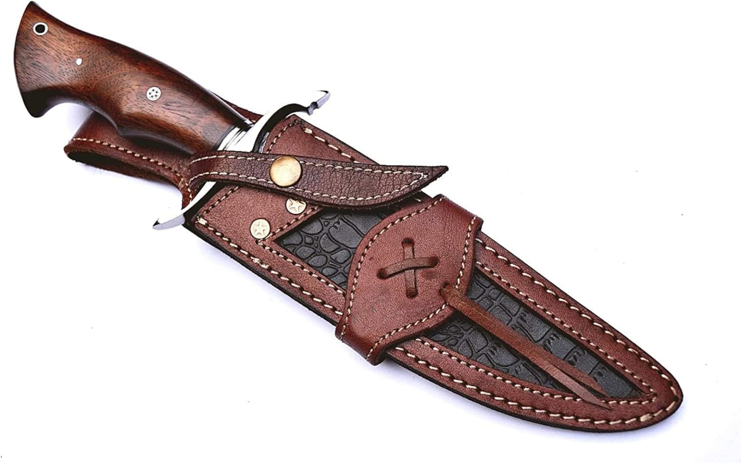 BIGCAT ROAR Cowboy - Coltello da Caccia Grande in Acciaio Damasco Artigianale 30 5 cm - Manico in Legno di Noce e Fodero in Cuoio - EDC Bushcraft Campeggio Sopravvivenza - Regalo Uomo Cacciatore