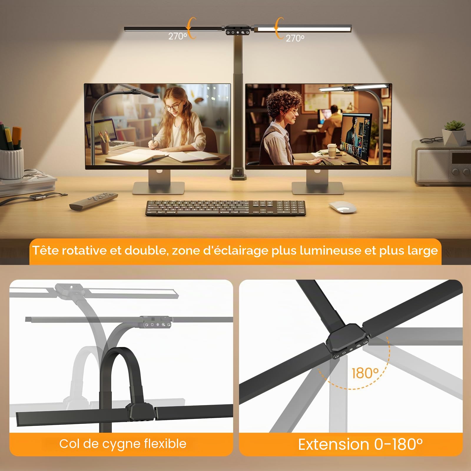 SIBRILLE Lampe de Bureau LED à Double Tête, 22W 80cm Lampe de Table à Clipser avec Télécommande, 5 Températures de Couleur&Luminosité Lanterne de Lecture Rotative pour Design,Lecture,Ecran