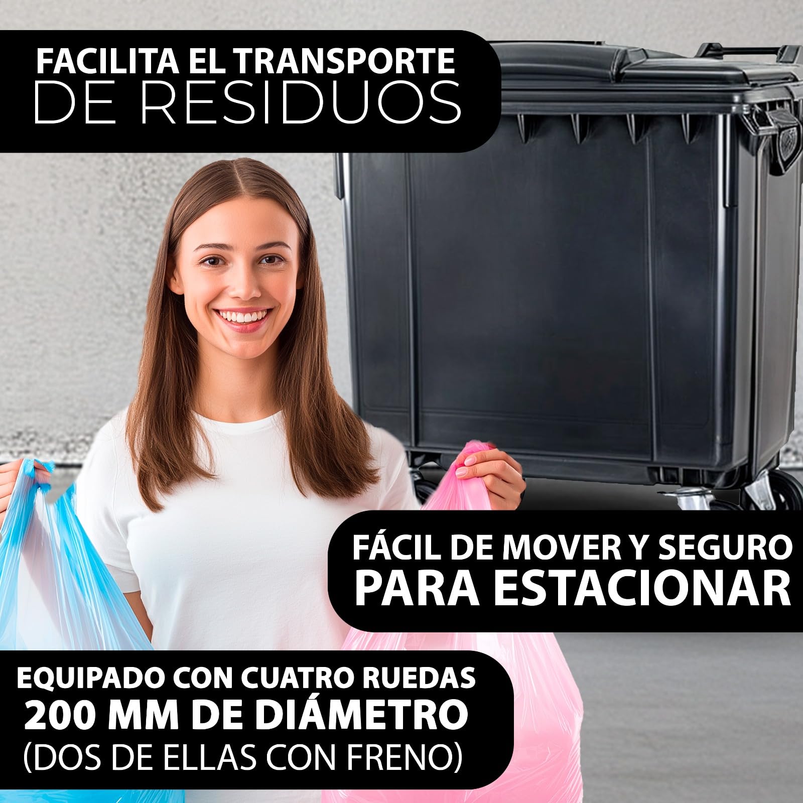 SSI Contenedor de Basura 1100L con Tapa Plana - Ruedas con Freno, Desagüe Inferior, Cumple Normativa EN-840, Ideal para Grandes Volúmenes de Residuos y Reciclaje en Exteriores (Antracita, 1100 litros)