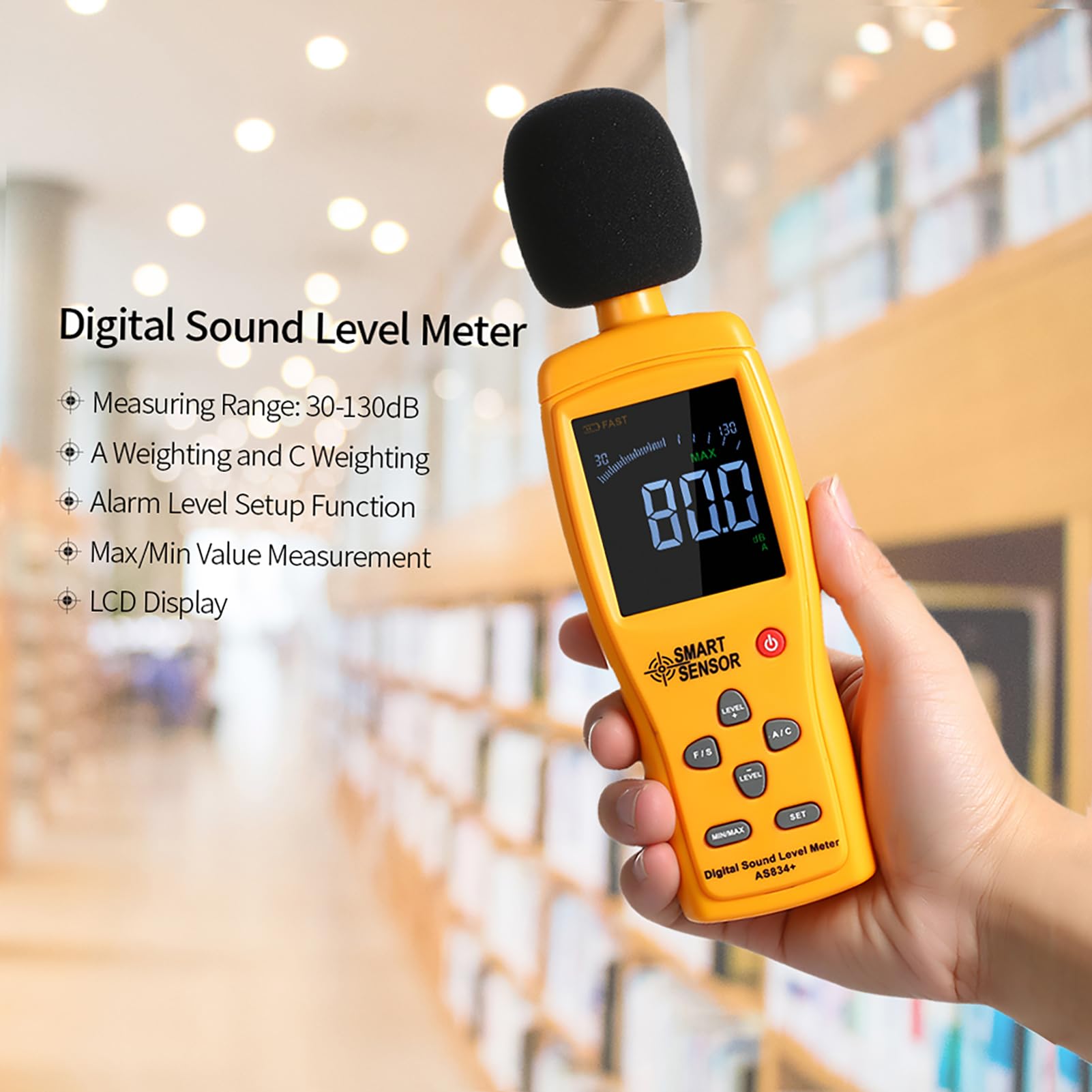 Sonómetro digital e instrumento de medición del volumen de ruido - Rango de 30 a 130 dB - Resolución de 0,1 dB con precisión de 1,5 dB - Ponderación A y C - Pantalla LCD de 2,7