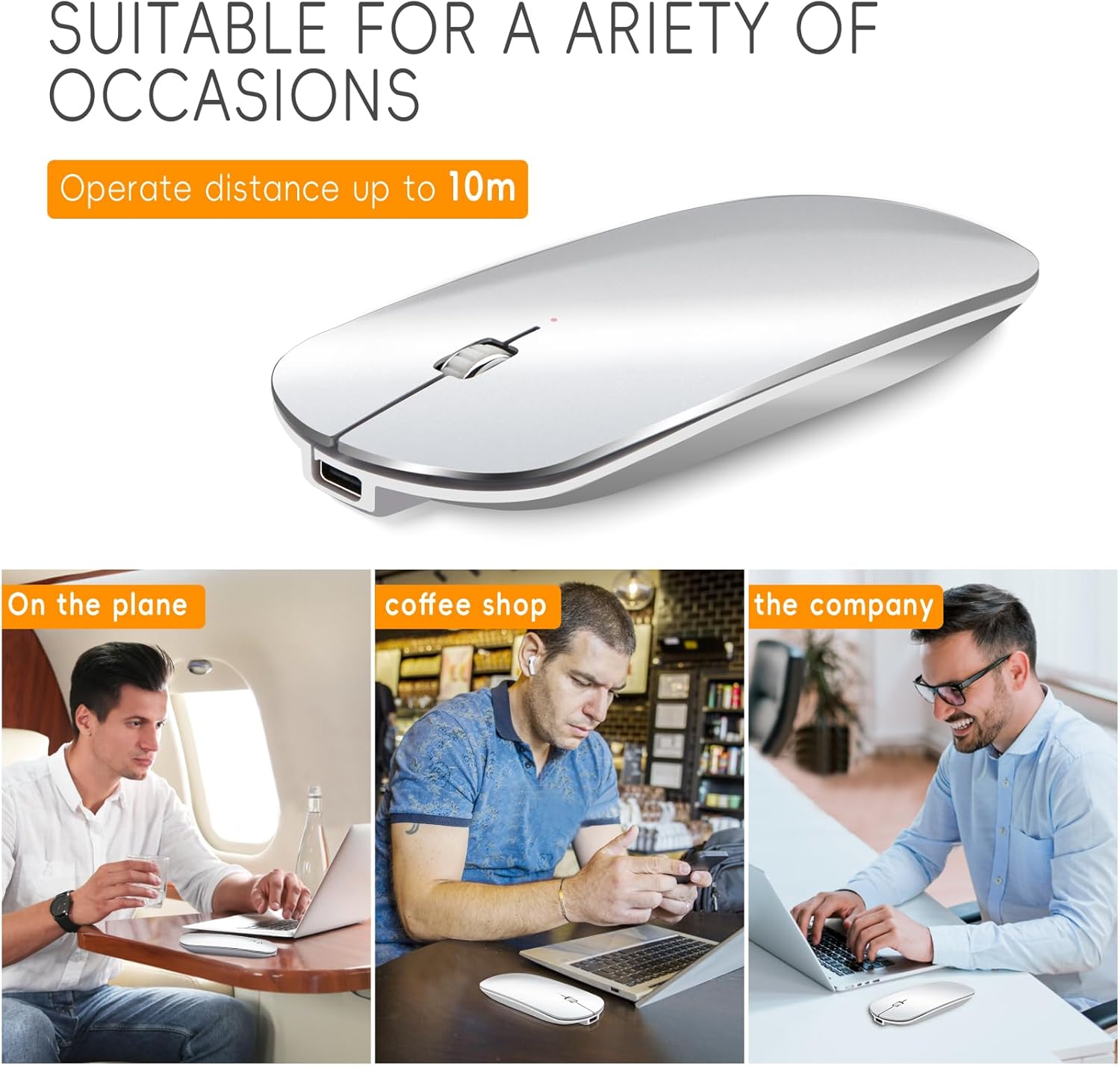 Bluetooth Mouse Slim Mini Portable Flat Travel Wireless Mouse Rechargeable t Ultra Thin Mice Quie Compatible with Laptop PC Notebook Tablet (Silver)