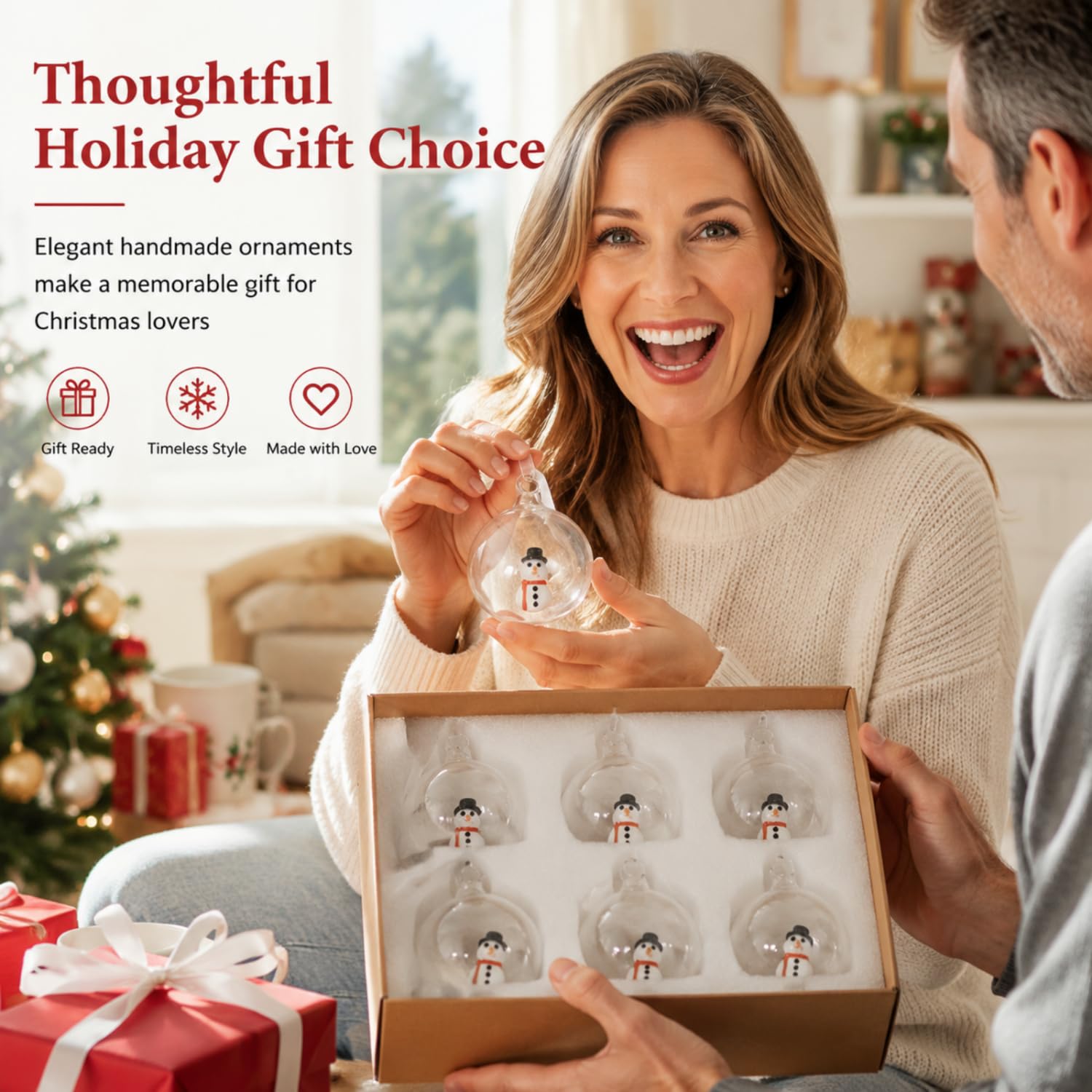 Tigeen Lot de 6 boules de Noël en verre - Cadeau de Noël - Bonhomme de | Décoration d'arbre transparente, icône 3D faite à la main, ruban prêt à accrocher, couronne d'arbre, décoration de fenêtre de