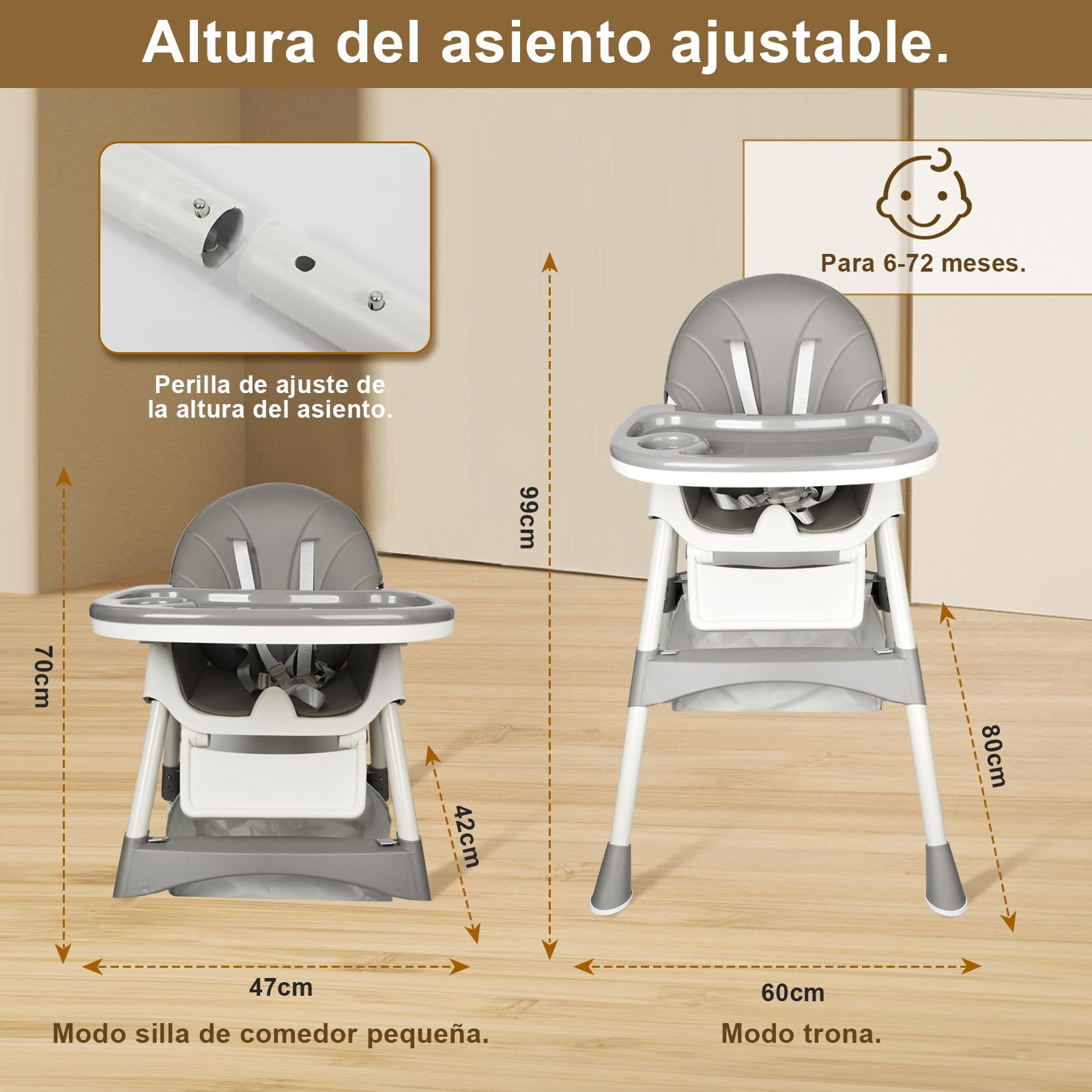 Trona Bebé Evolutiva, Trona para Bebe Ajustable, Trona de Bebes Reclinable, Ajustable y Plegable con Tabla, De 6 meses a 6 años