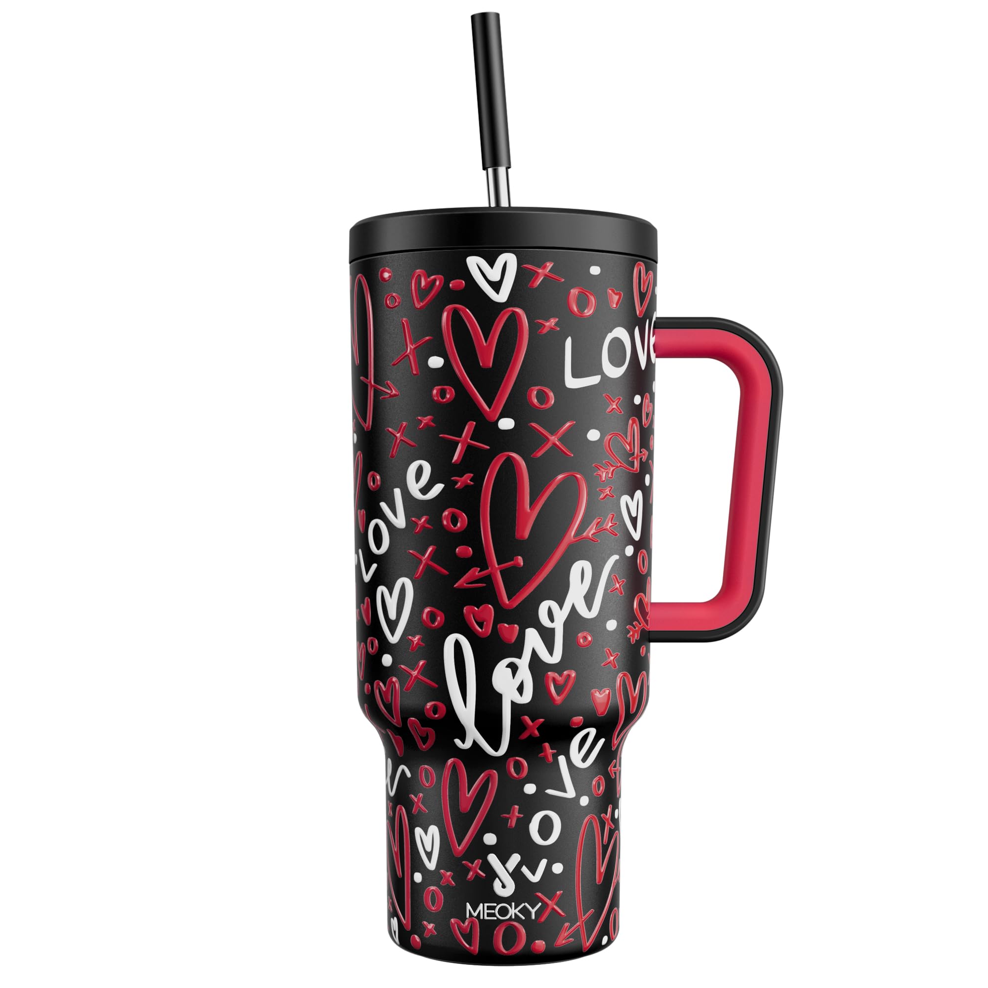 Meoky 40 oz Tumbler with Handle and Straw, Valentines Day Tumbler with Lid and Straw, Insulated Stainless Steel Travel Mug