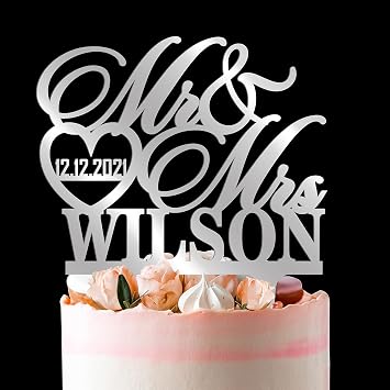 Personalized Wedding Cake Toppers - Mr and Mrs Cake Topper, Customized Last Name & Date w/Heart, Anniversary Cake Topper, Wedding Cake Decorations 2 Styles - 3 Mirrored Acrylic Colors