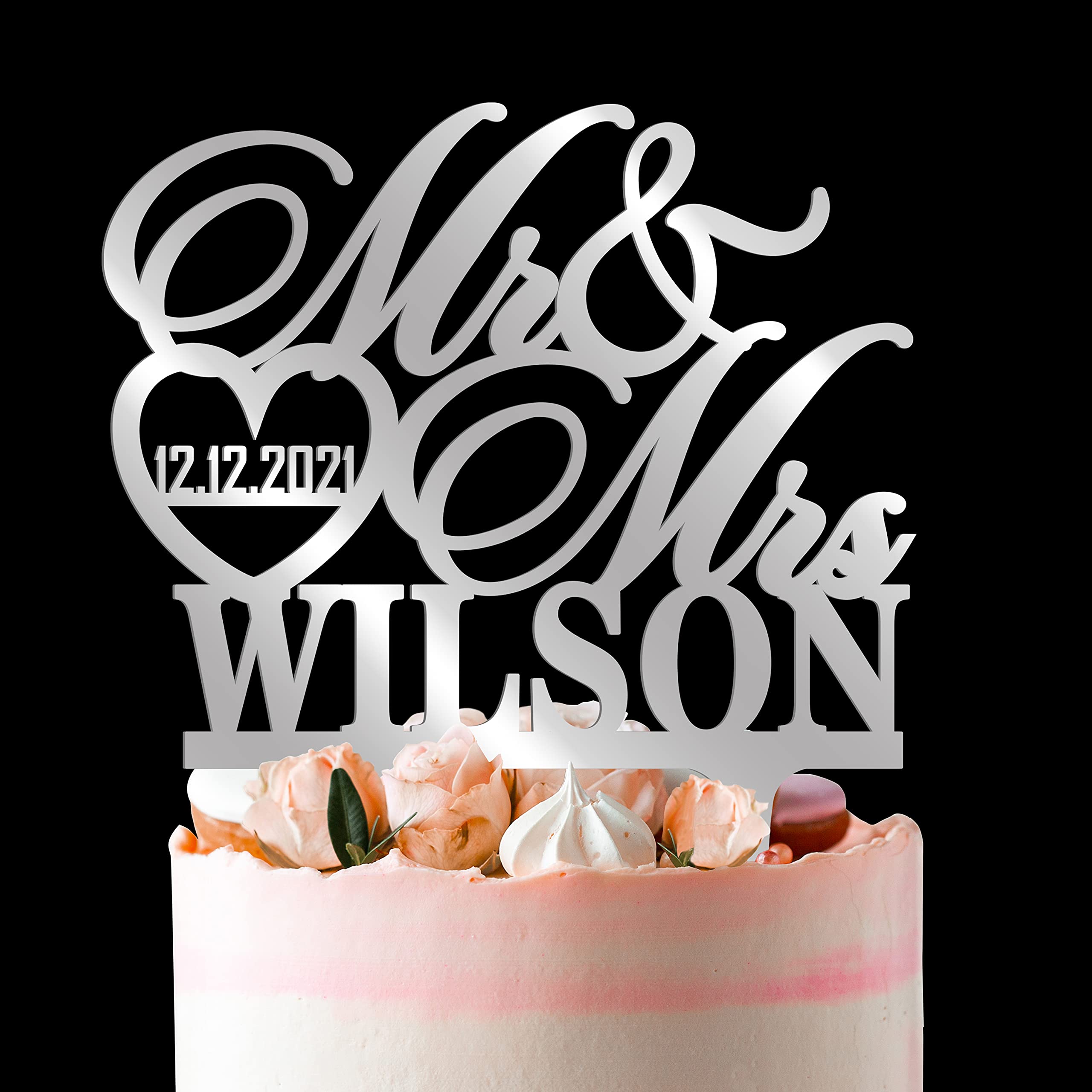 Amazon.com: Personalized Wedding Cake Toppers - Mr and Mrs Cake Topper,  Customized Last Name & Date w/ Heart, Anniversary Cake Topper, Wedding Cake  Decorations 2 Styles - 3 Mirrored Acrylic Colors :